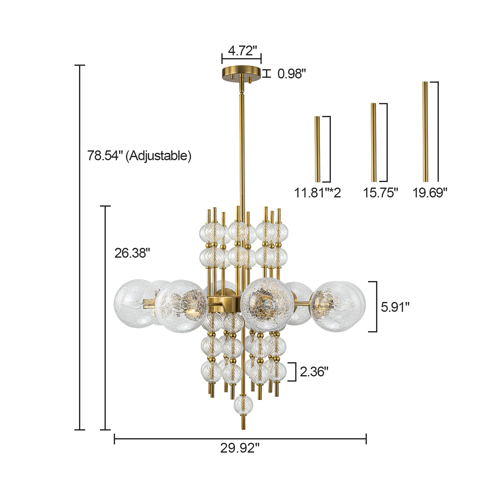 Glowlings 8-Light Modern 30"Wide Large Brass Cracked Glass Chandelier