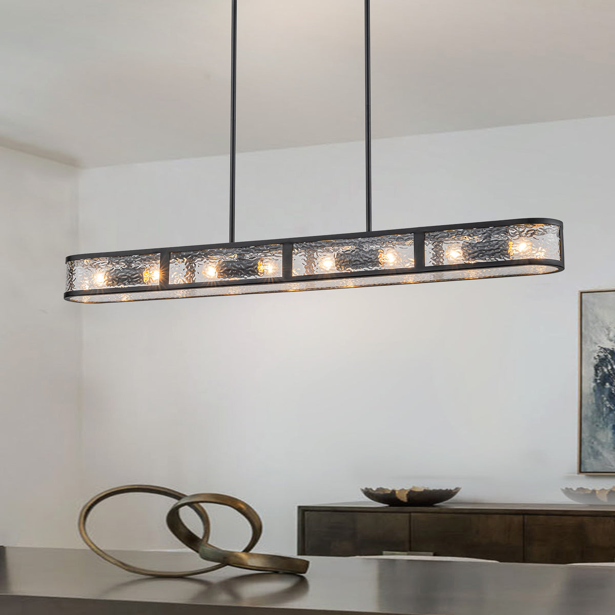 Glowlings Modern 48"Wide Black Rectangular Chandelier, 8-Light Kitchen Island Pendant Light with Water Ripple Glass Shade