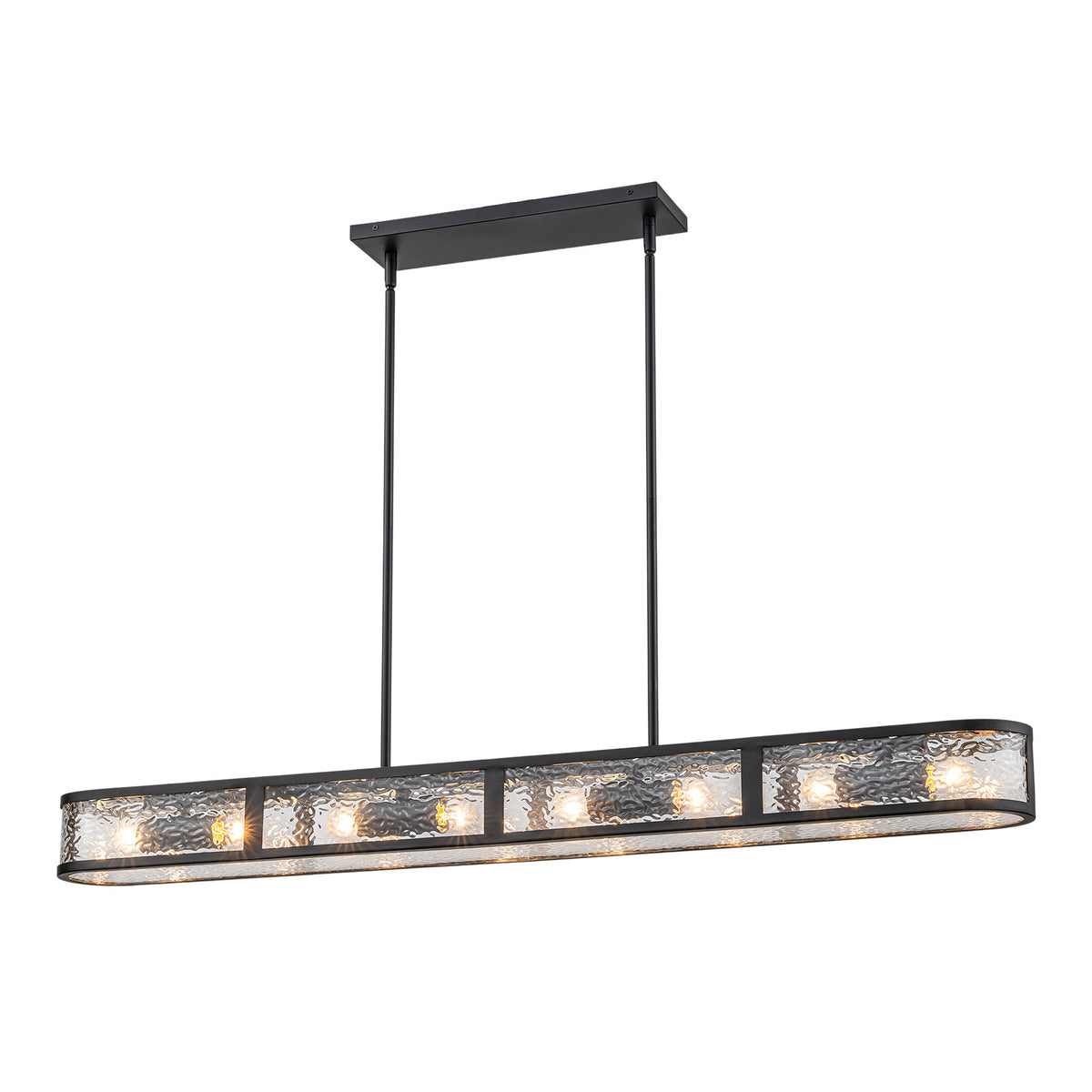 Glowlings Modern 48"Wide Black Rectangular Chandelier, 8-Light Kitchen Island Pendant Light with Water Ripple Glass Shade
