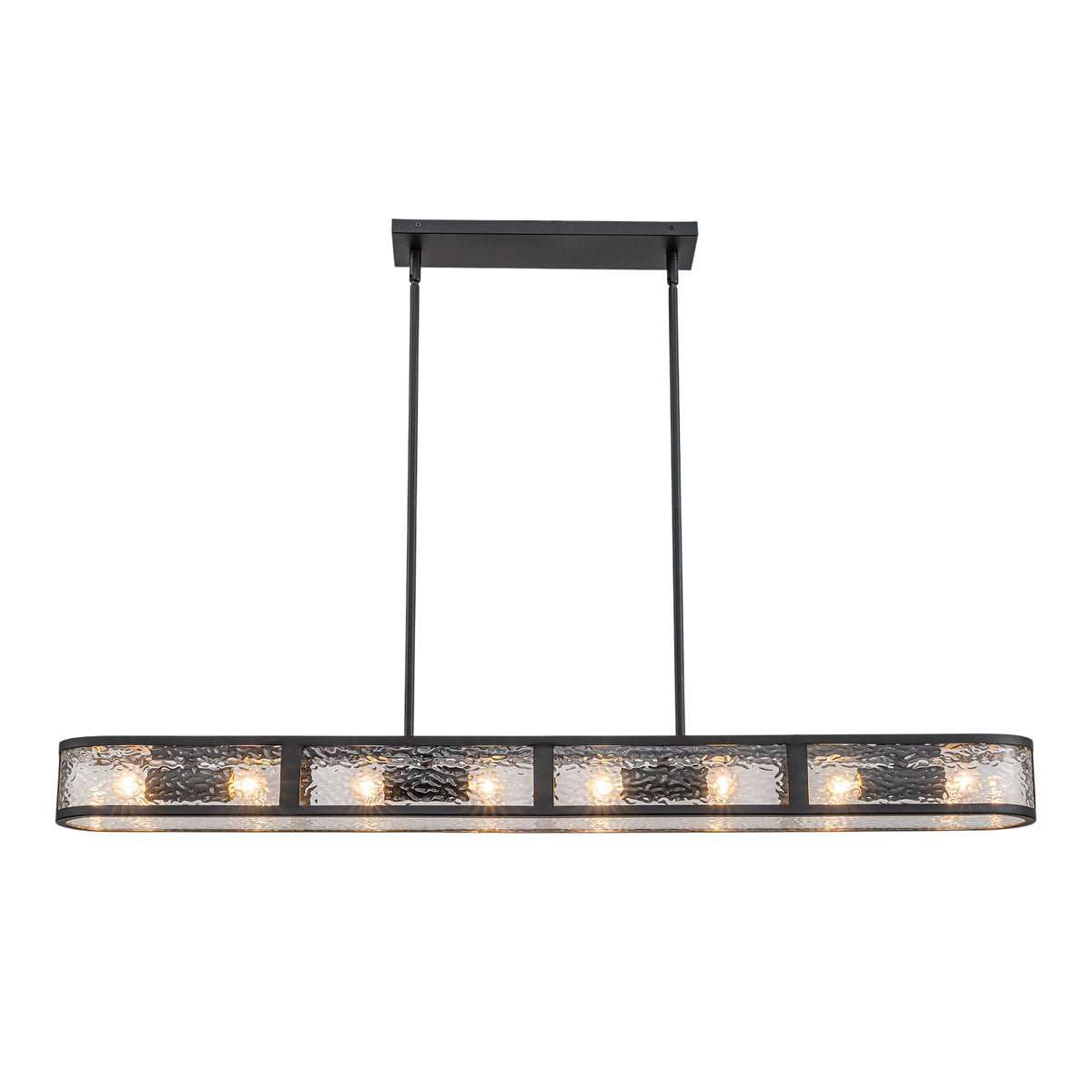 Glowlings Modern 48"Wide Black Rectangular Chandelier, 8-Light Kitchen Island Pendant Light with Water Ripple Glass Shade