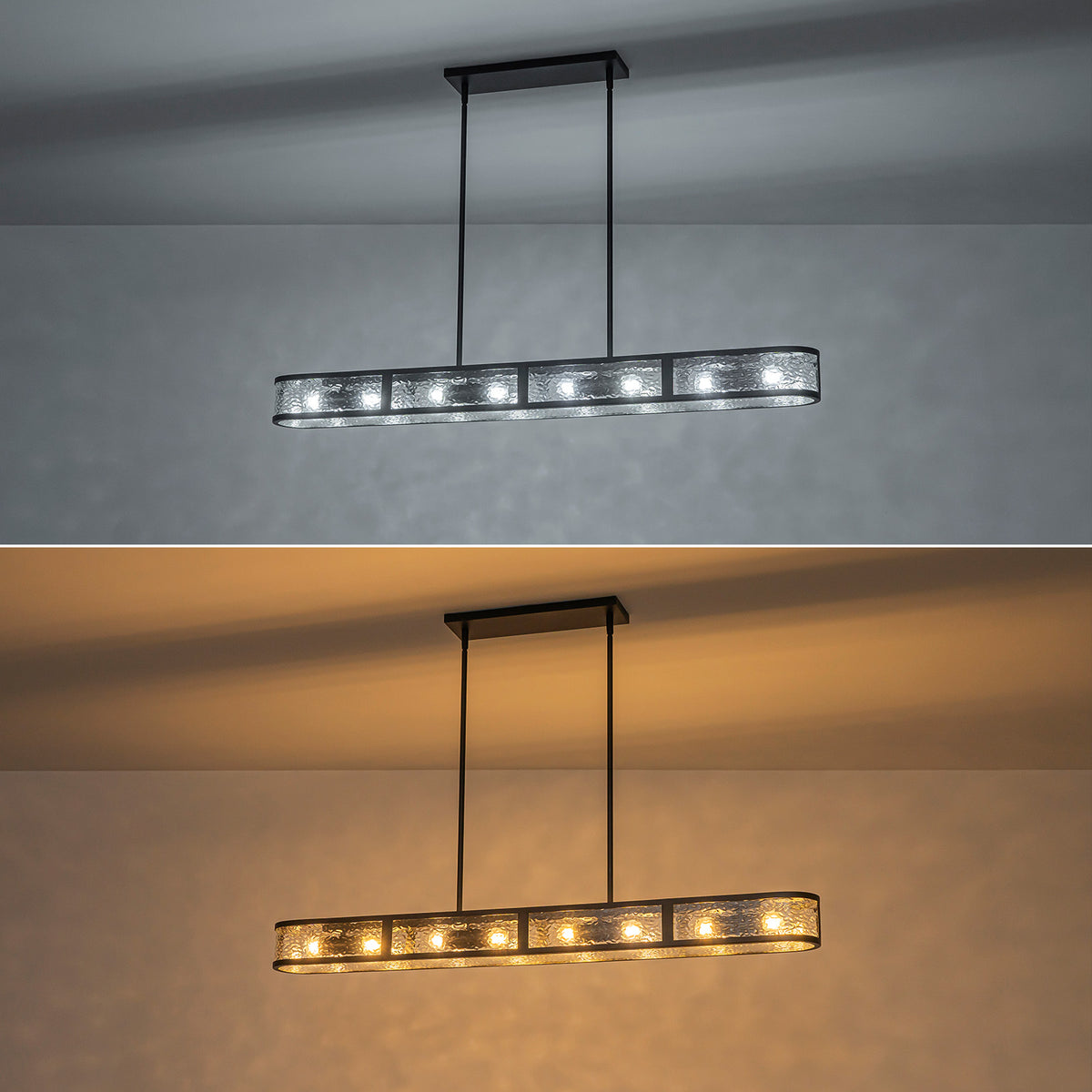 Glowlings Modern 48"Wide Black Rectangular Chandelier, 8-Light Kitchen Island Pendant Light with Water Ripple Glass Shade