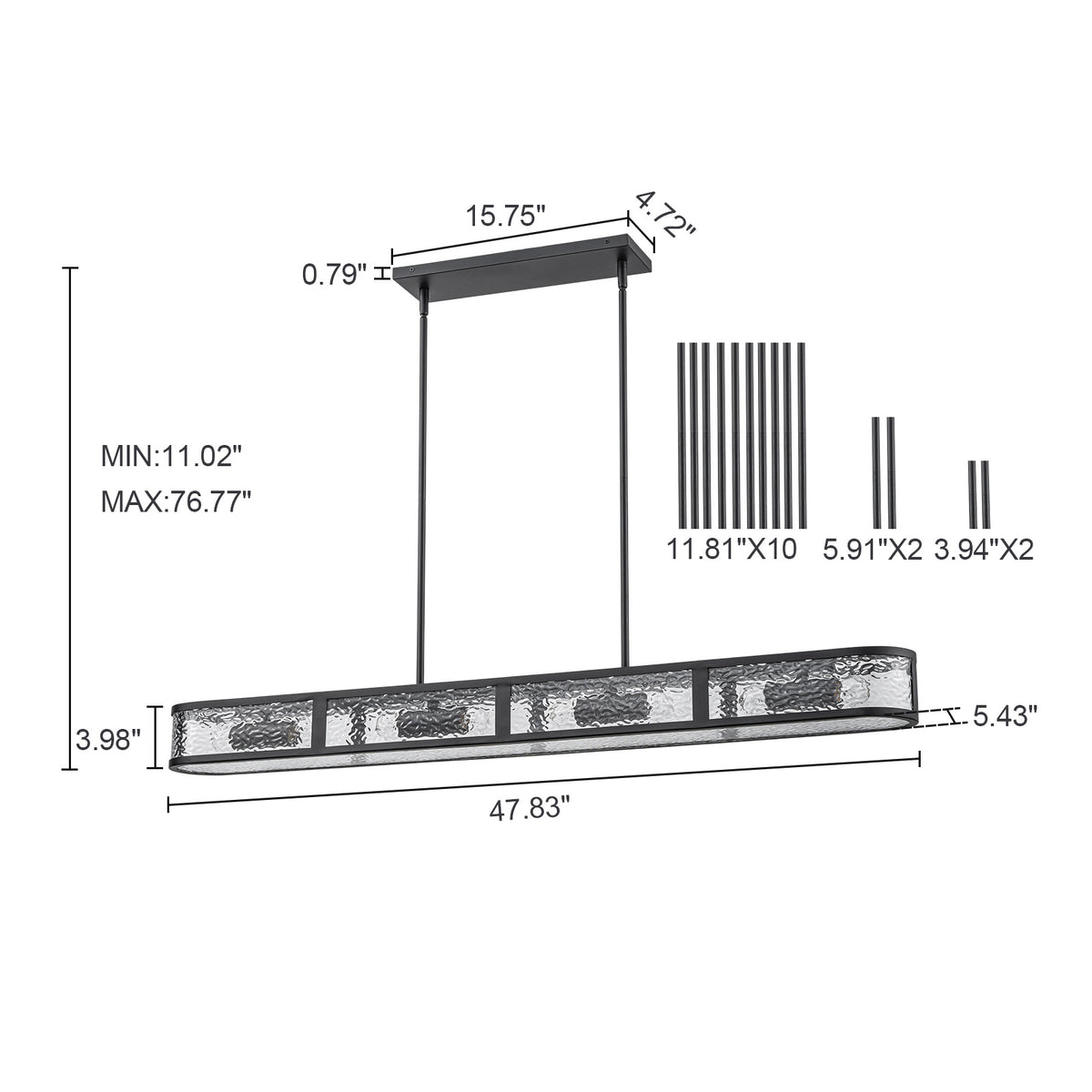 Glowlings Modern 48"Wide Black Rectangular Chandelier, 8-Light Kitchen Island Pendant Light with Water Ripple Glass Shade