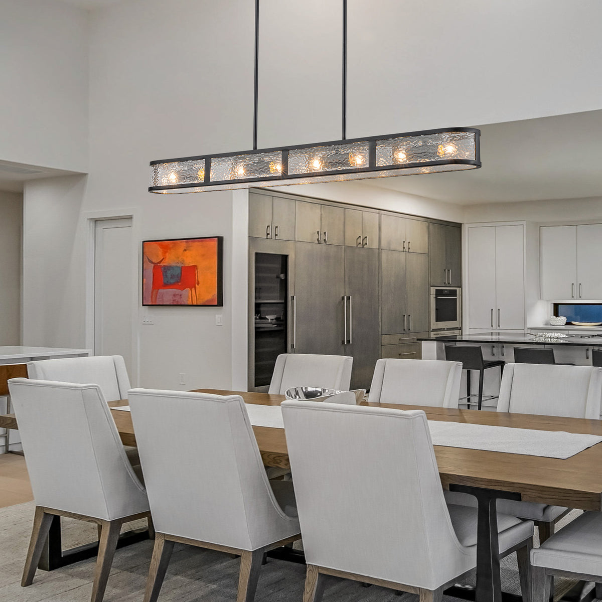 Glowlings Modern 48"Wide Black Rectangular Chandelier, 8-Light Kitchen Island Pendant Light with Water Ripple Glass Shade