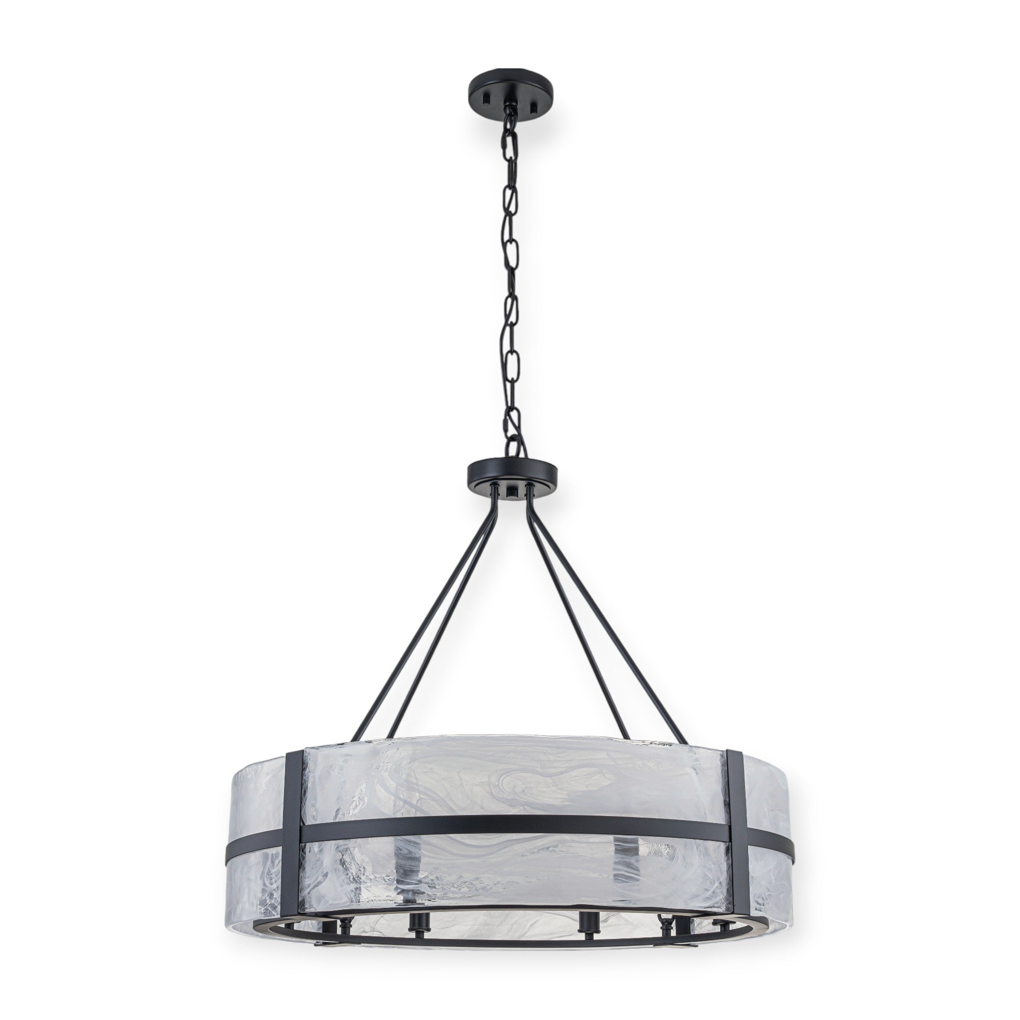 Glowlings 8-flammiger moderner, 28" breiter, großer, runder Trommel-Kronleuchter aus klarem Glas