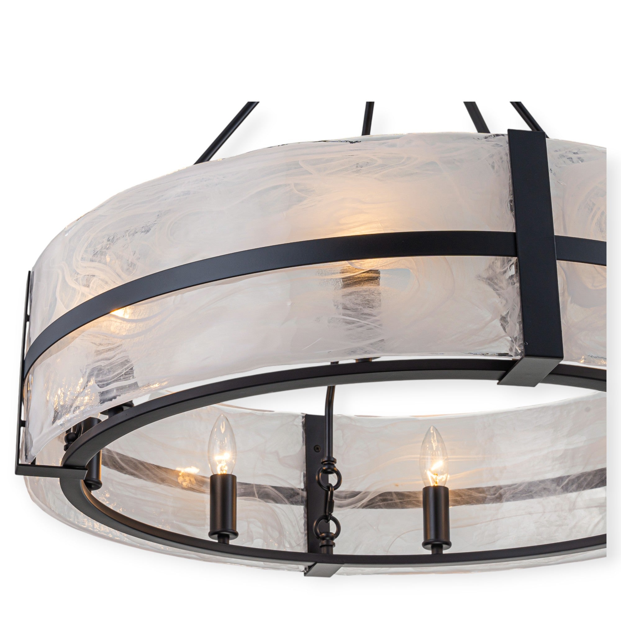 Glowlings 8-flammiger moderner, 28" breiter, großer, runder Trommel-Kronleuchter aus klarem Glas