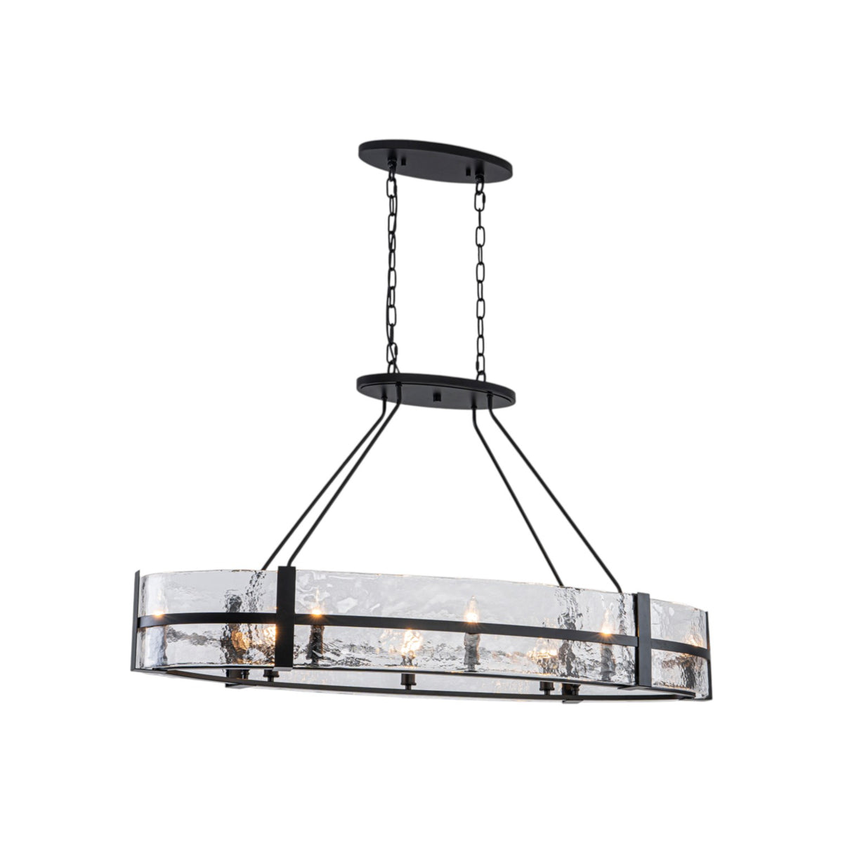 Glowlings 8-Light Modern Oval Glass Chandelier, Matte Black with Water Ripple Textured Glass, Linear Kitchen Island Pendant Light