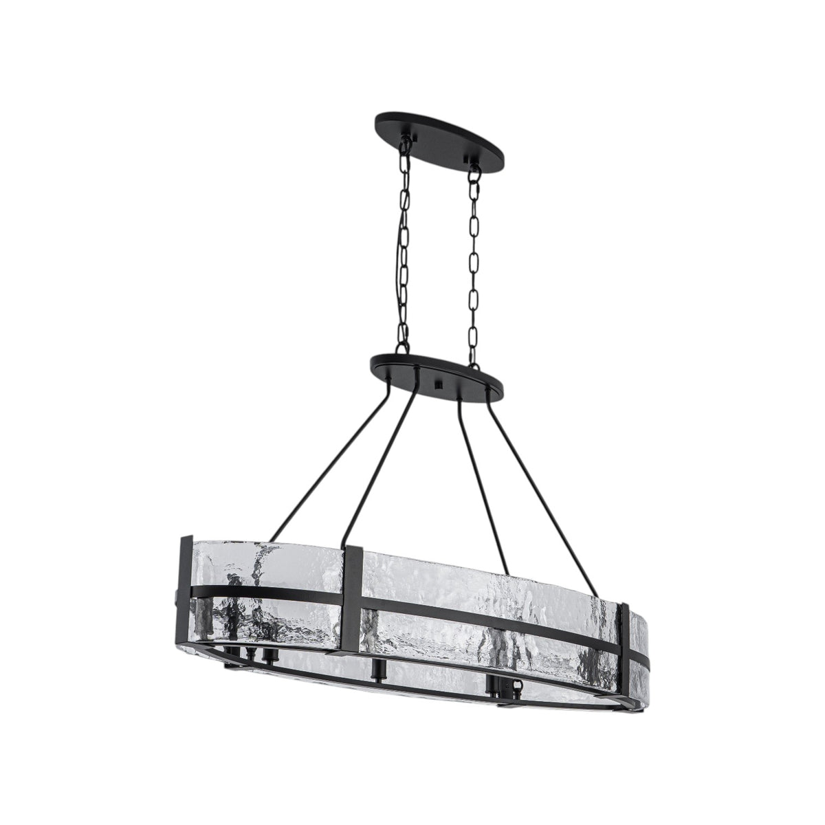 Glowlings 8-Light Modern Oval Glass Chandelier, Matte Black with Water Ripple Textured Glass, Linear Kitchen Island Pendant Light