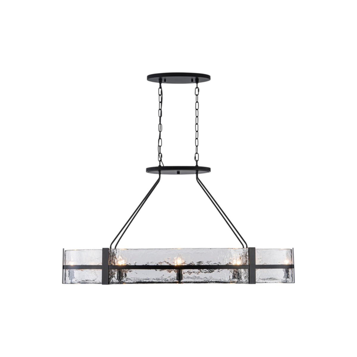 Glowlings 8-Light Modern Oval Glass Chandelier, Matte Black with Water Ripple Textured Glass, Linear Kitchen Island Pendant Light