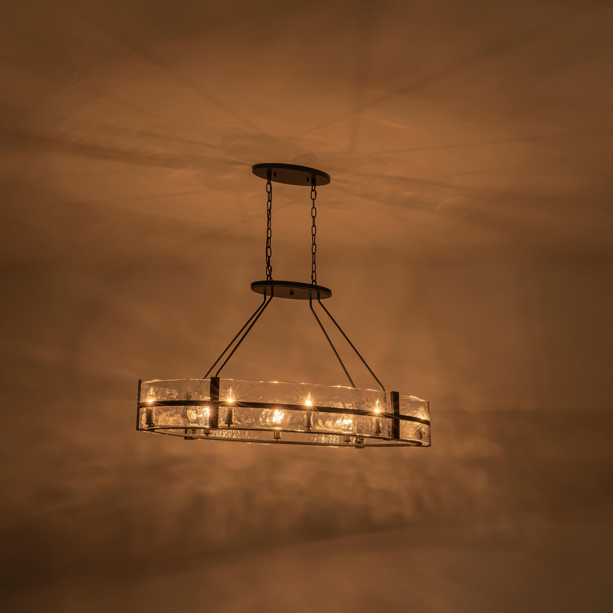Glowlings 8-Light Modern Oval Glass Chandelier, Matte Black with Water Ripple Textured Glass, Linear Kitchen Island Pendant Light