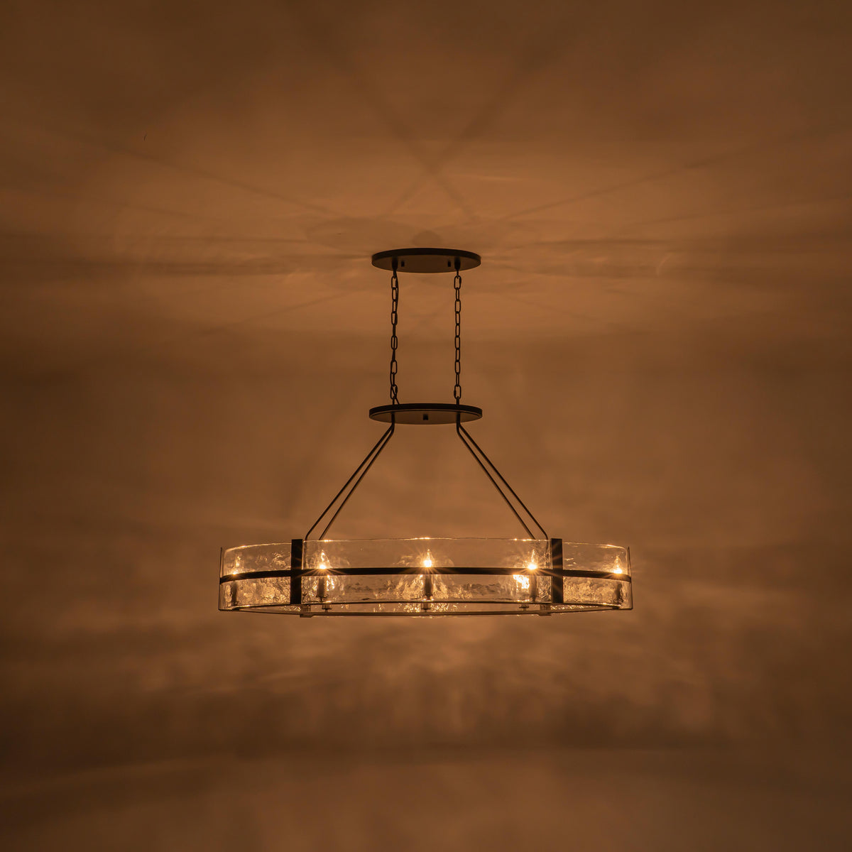 Glowlings 8-Light Modern Oval Glass Chandelier, Matte Black with Water Ripple Textured Glass, Linear Kitchen Island Pendant Light
