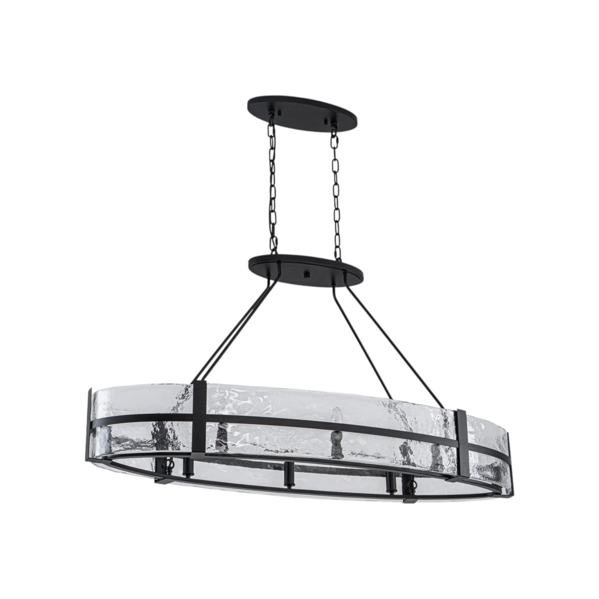 Glowlings 8-Light Modern Oval Glass Chandelier, Matte Black with Water Ripple Textured Glass, Linear Kitchen Island Pendant Light
