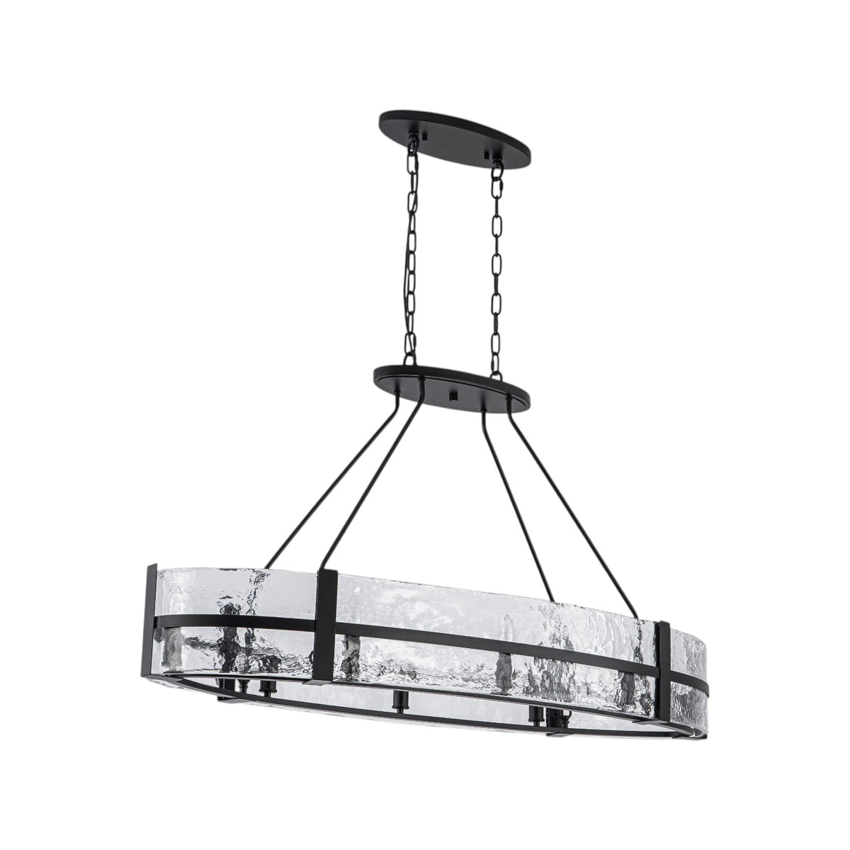Glowlings 8-Light Modern Oval Glass Chandelier, Matte Black with Water Ripple Textured Glass, Linear Kitchen Island Pendant Light