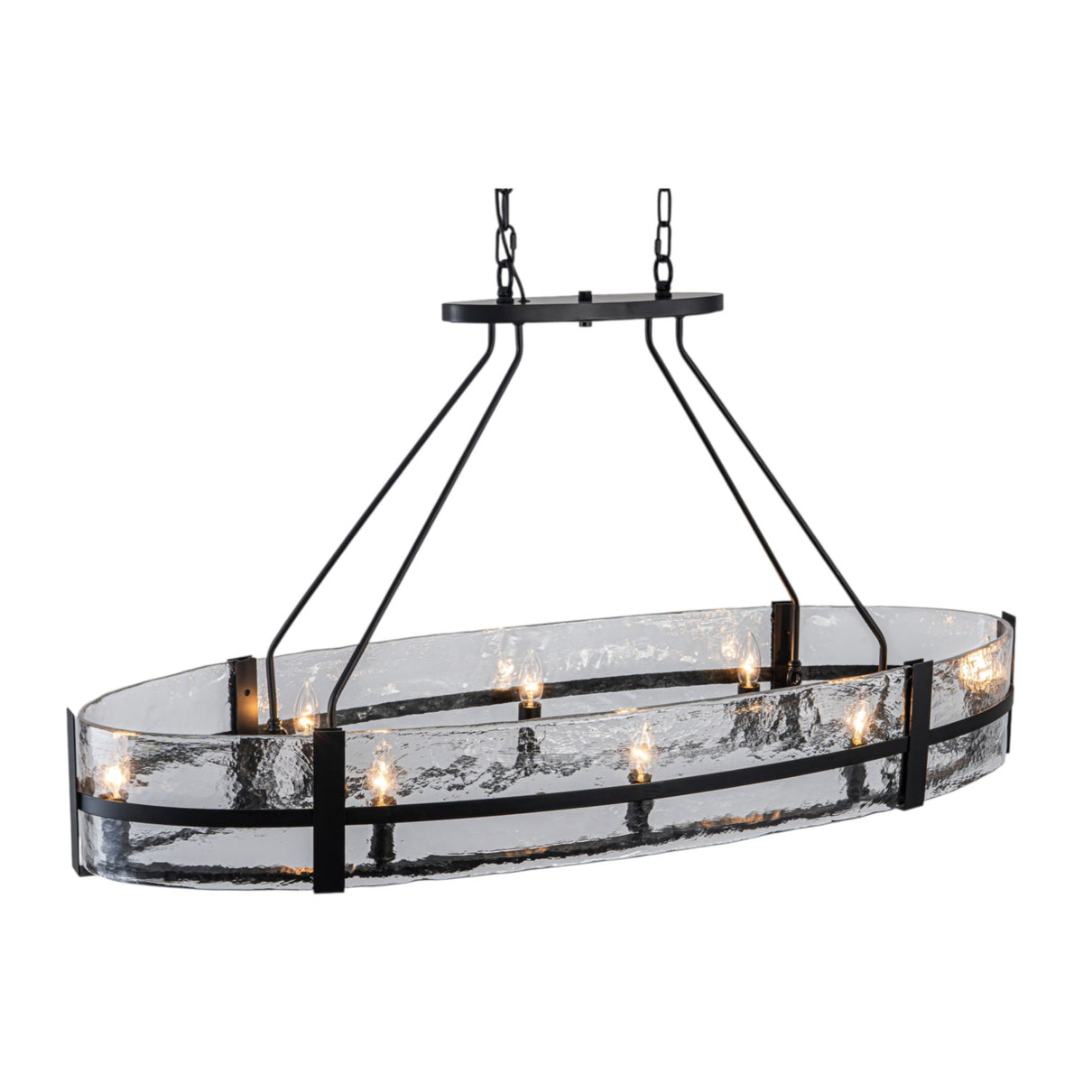 Glowlings 8-Light Modern Oval Glass Chandelier, Matte Black with Water Ripple Textured Glass, Linear Kitchen Island Pendant Light