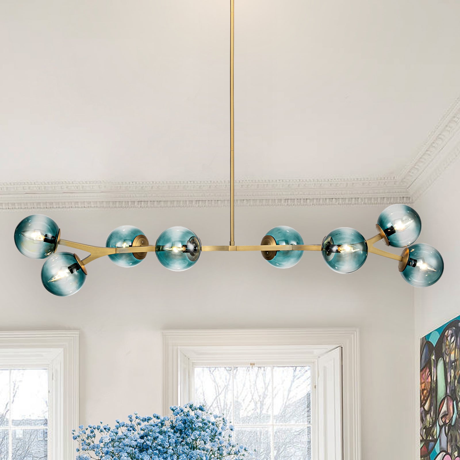 Glowlings 6/8-Light Modern Large Brass Gradient Blue Glass Linear Sputnik Chandelier/Semi-Flush Mount