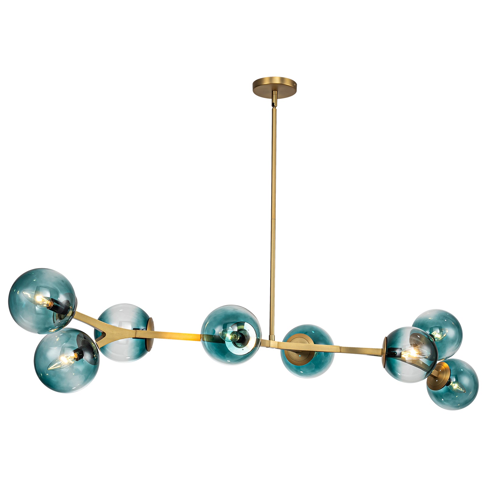 Glowlings 6/8-Light Modern Large Brass Gradient Blue Glass Linear Sputnik Chandelier/Semi-Flush Mount