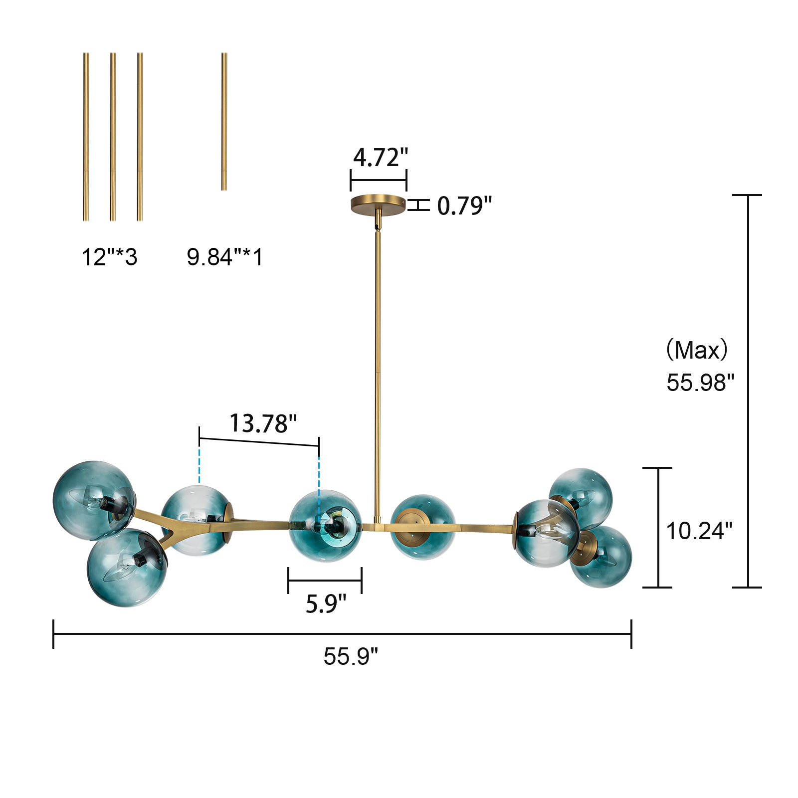 Glowlings 6/8-Light Modern Large Brass Gradient Blue Glass Linear Sputnik Chandelier/Semi-Flush Mount