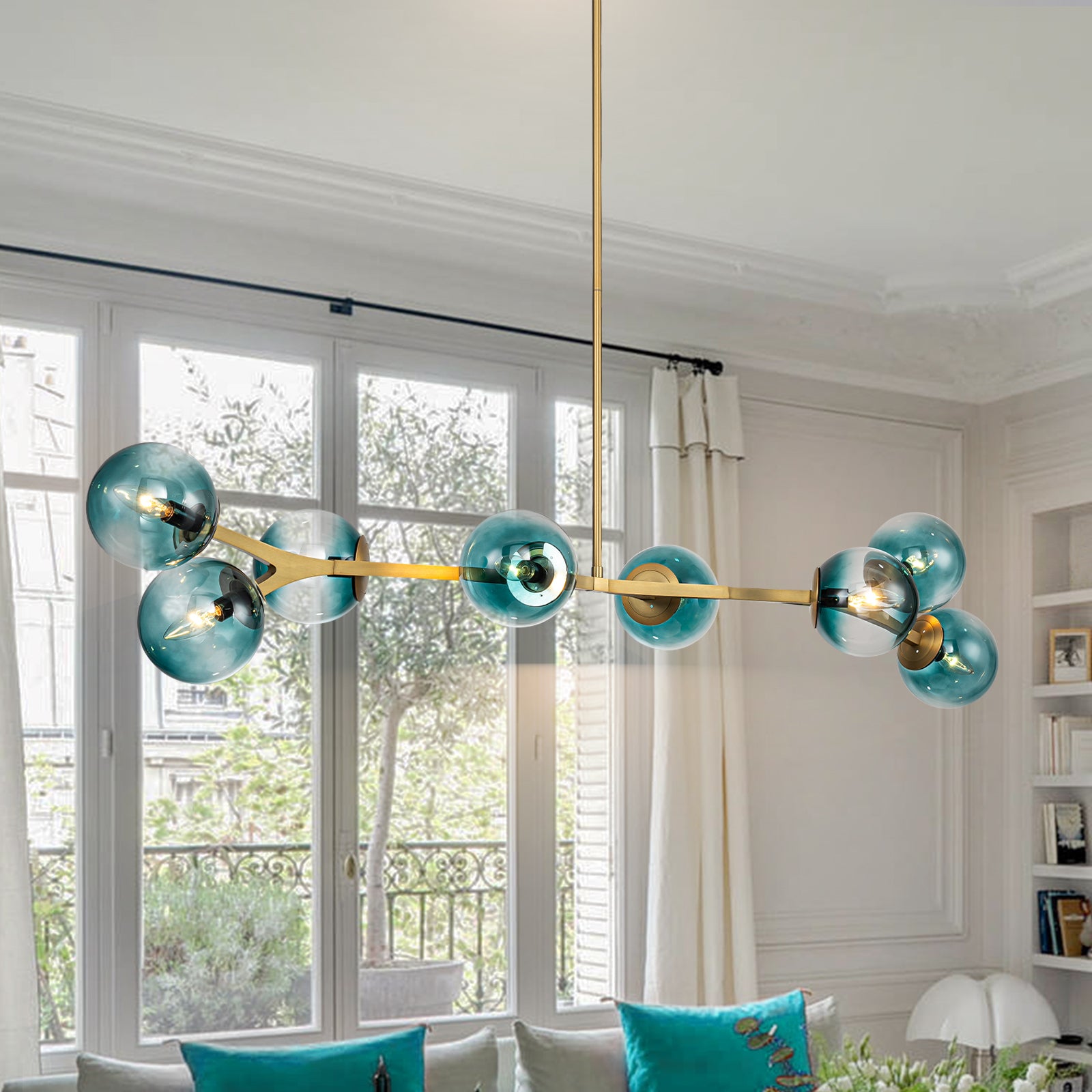 Glowlings 6/8-Light Modern Large Brass Gradient Blue Glass Linear Sputnik Chandelier/Semi-Flush Mount