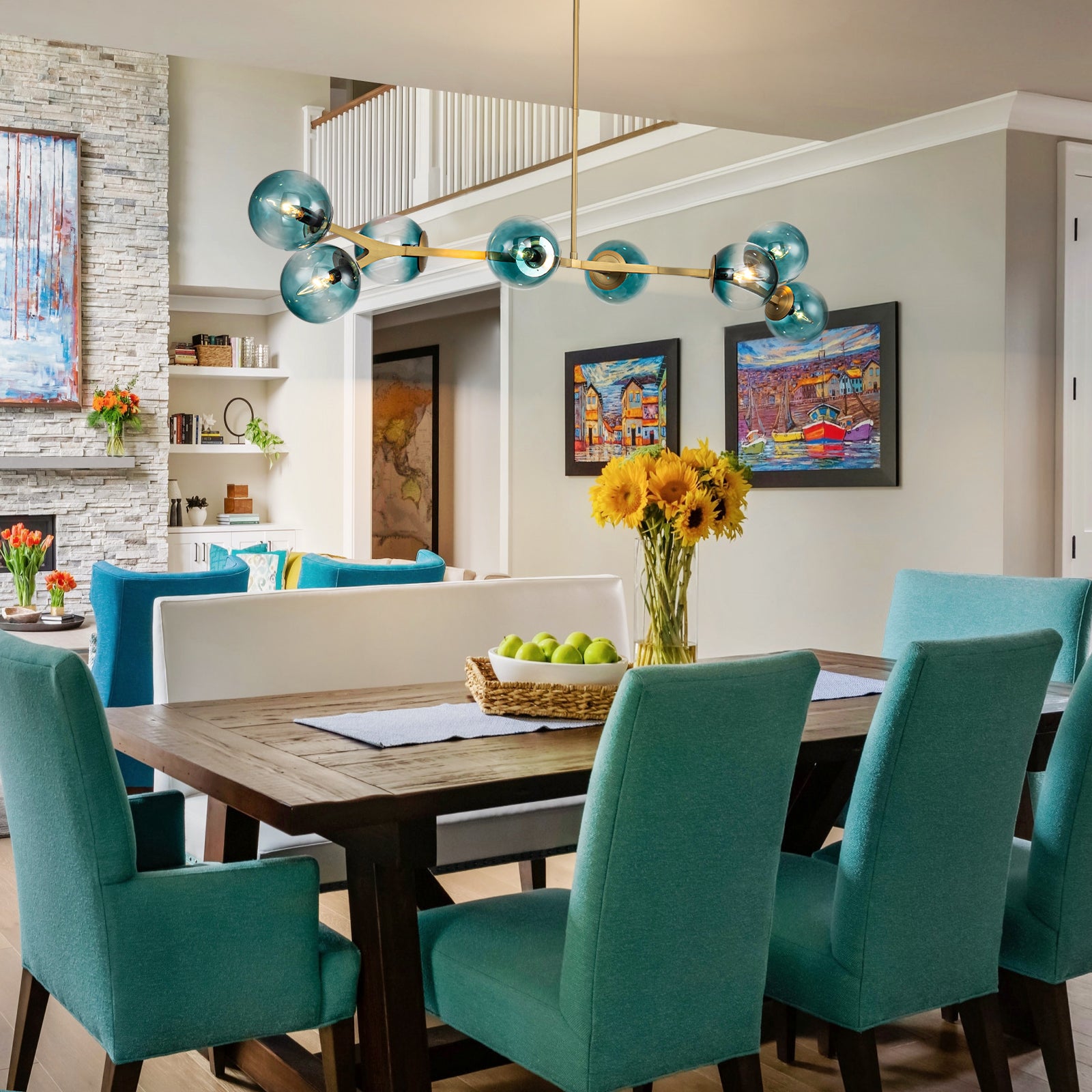 Glowlings 6/8-Light Modern Large Brass Gradient Blue Glass Linear Sputnik Chandelier/Semi-Flush Mount