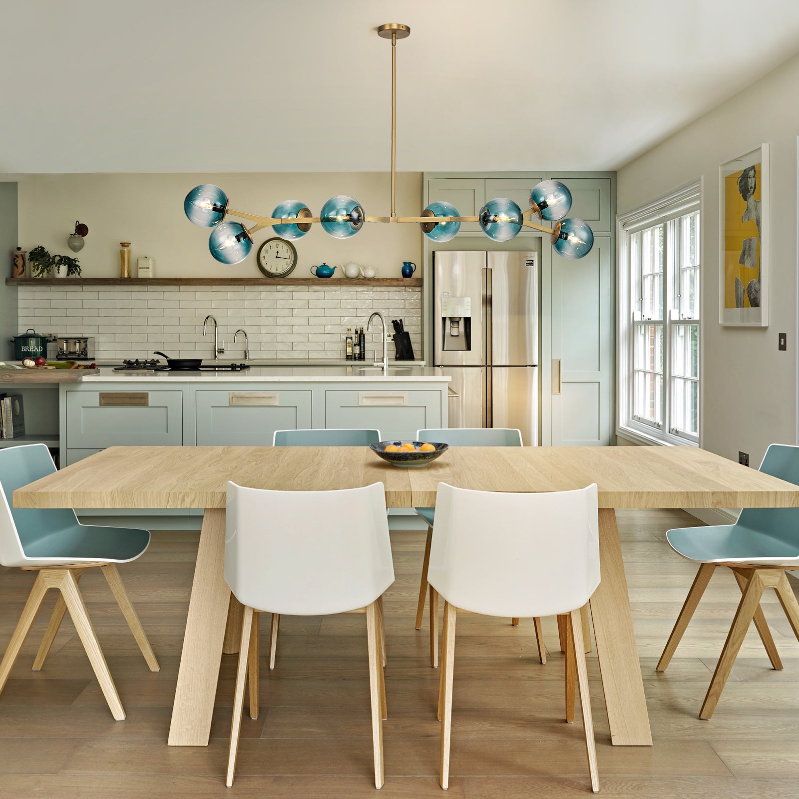 Glowlings 6/8-Light Modern Large Brass Gradient Blue Glass Linear Sputnik Chandelier/Semi-Flush Mount