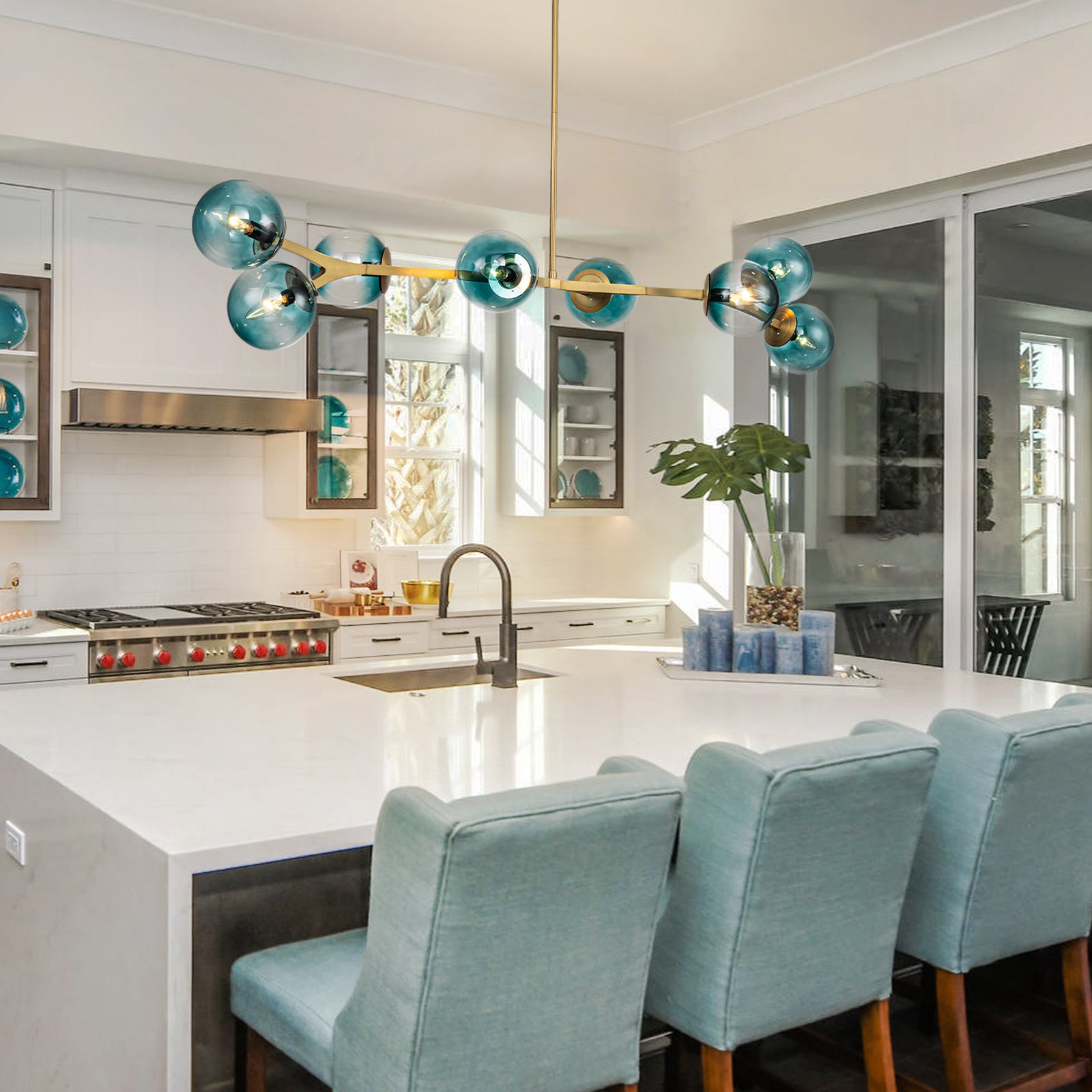 Glowlings 6/8-Light Modern Large Brass Gradient Blue Glass Linear Sputnik Chandelier/Semi-Flush Mount
