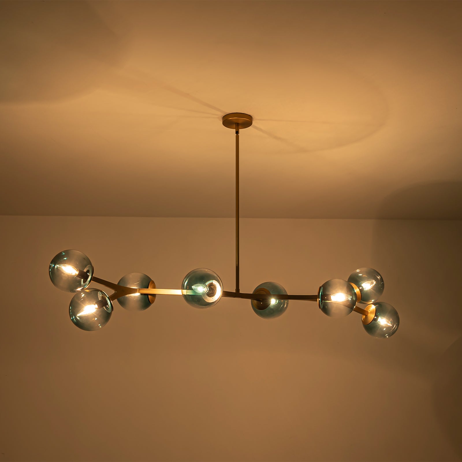 Glowlings 6/8-Light Modern Large Brass Gradient Blue Glass Linear Sputnik Chandelier/Semi-Flush Mount