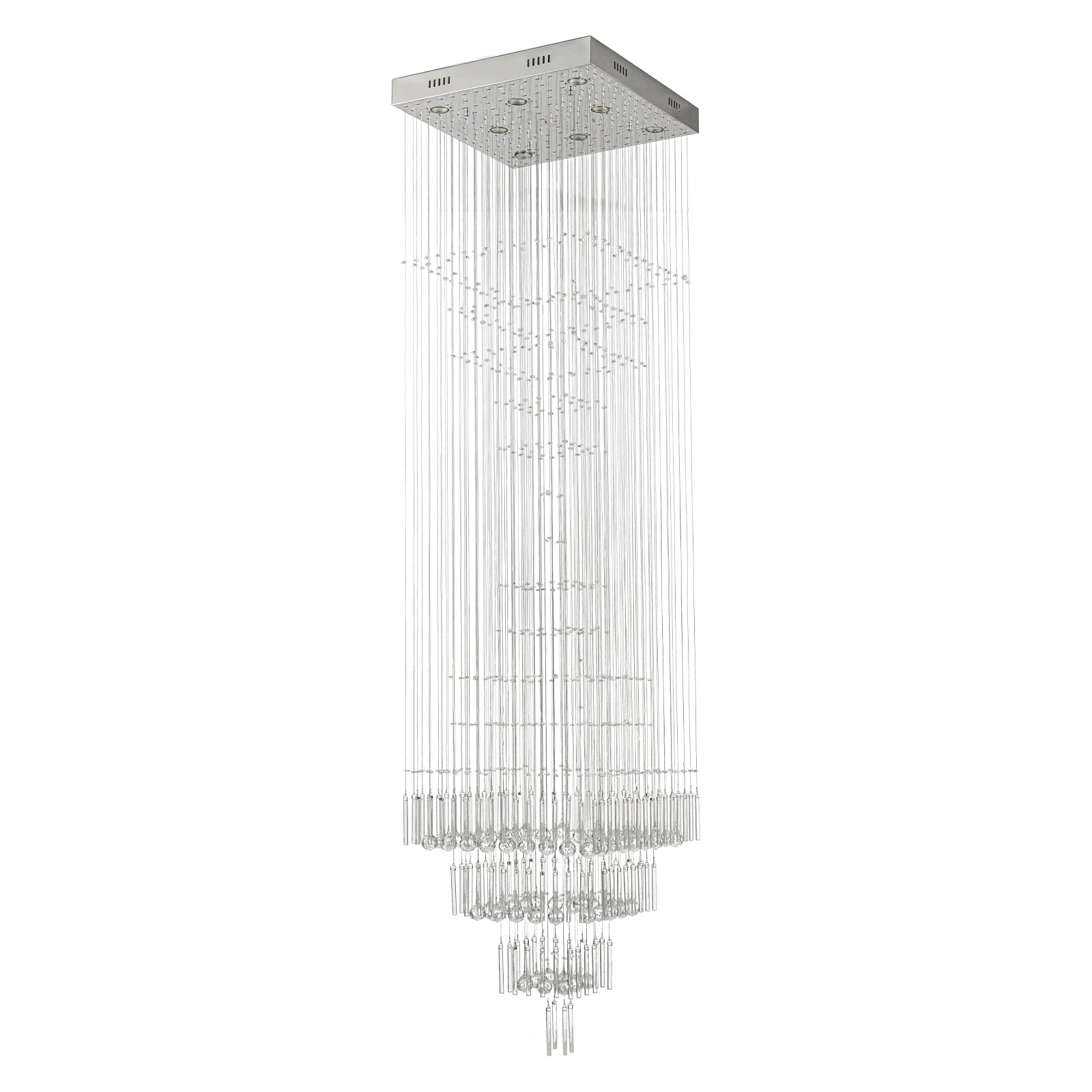 Glowlings 8-Light 98"H Modern Square Tiered Raindrop Crystal Foyer Chandelier For High Ceiling