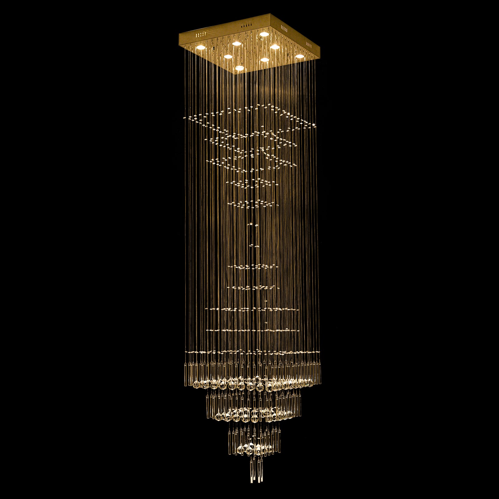Glowlings 8-Light 98"H Modern Square Tiered Raindrop Crystal Foyer Chandelier For High Ceiling