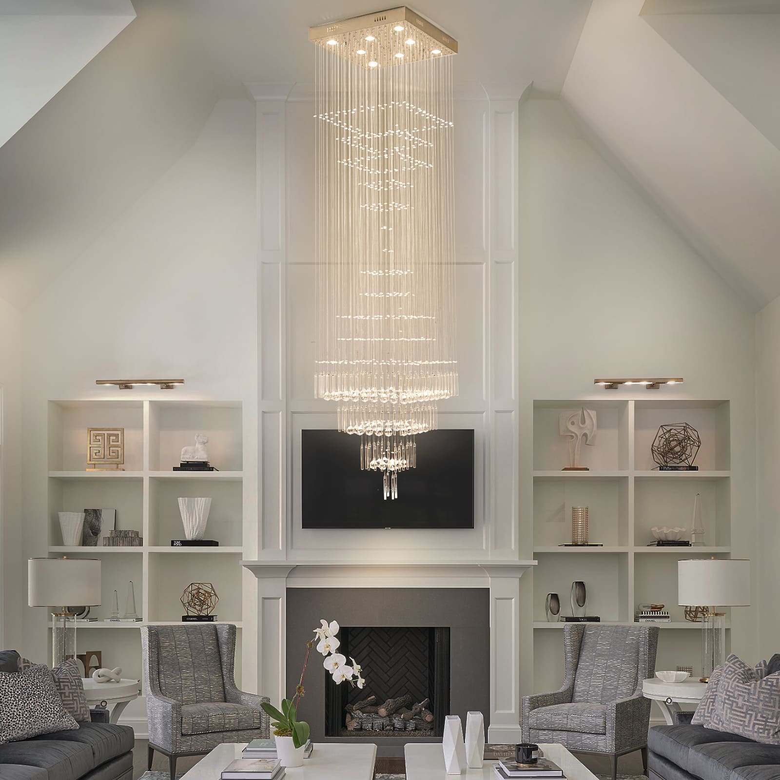 Glowlings 8-Light 98"H Modern Square Tiered Raindrop Crystal Foyer Chandelier For High Ceiling