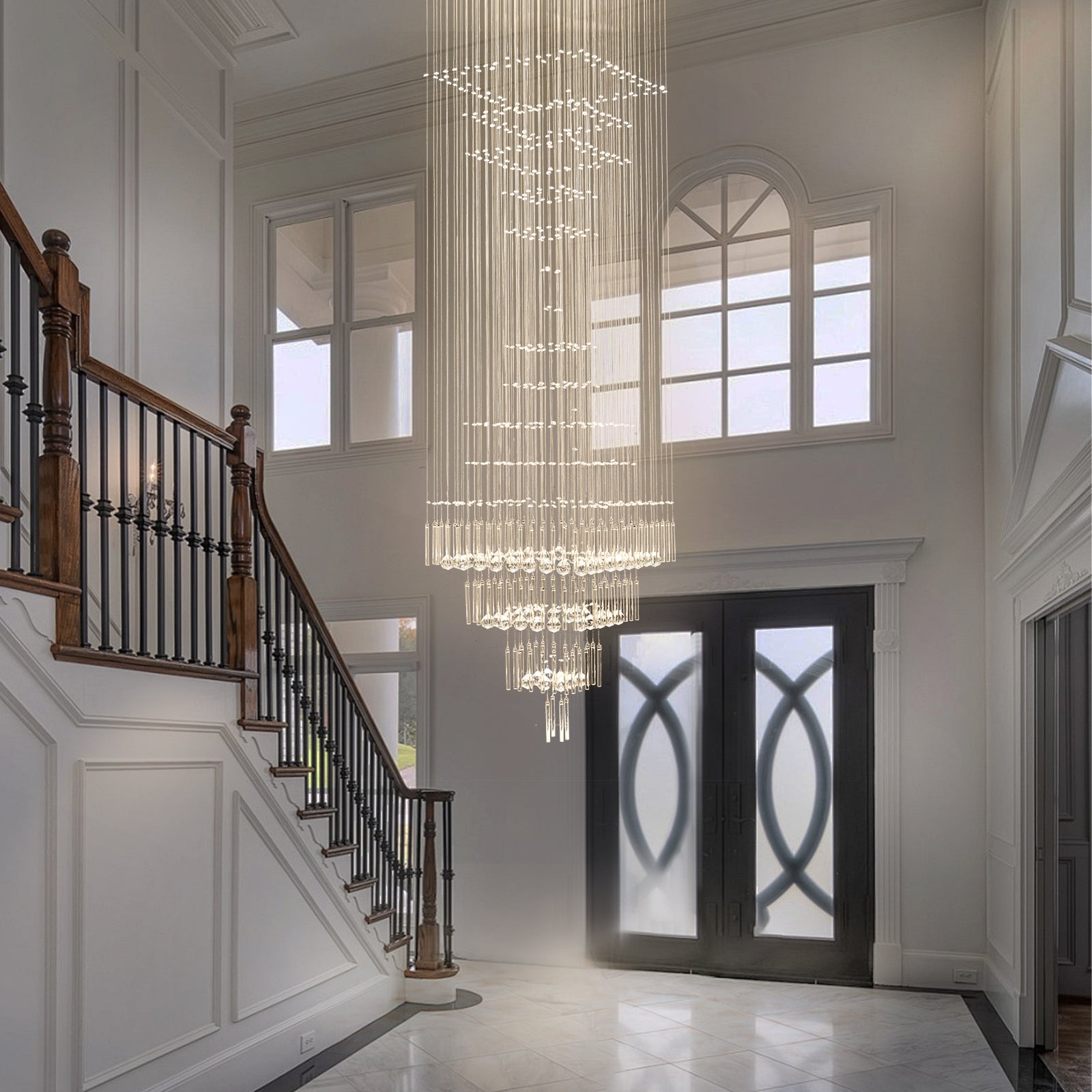 Glowlings 8-Light 98"H Modern Square Tiered Raindrop Crystal Foyer Chandelier For High Ceiling