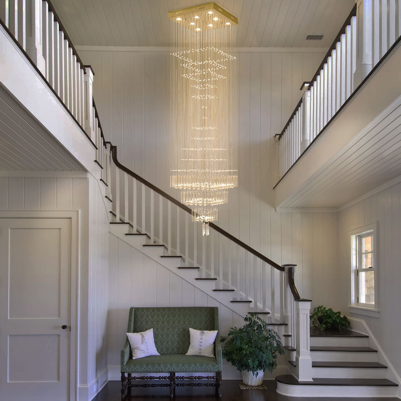 Glowlings 8-Light 98"H Modern Square Tiered Raindrop Crystal Foyer Chandelier For High Ceiling