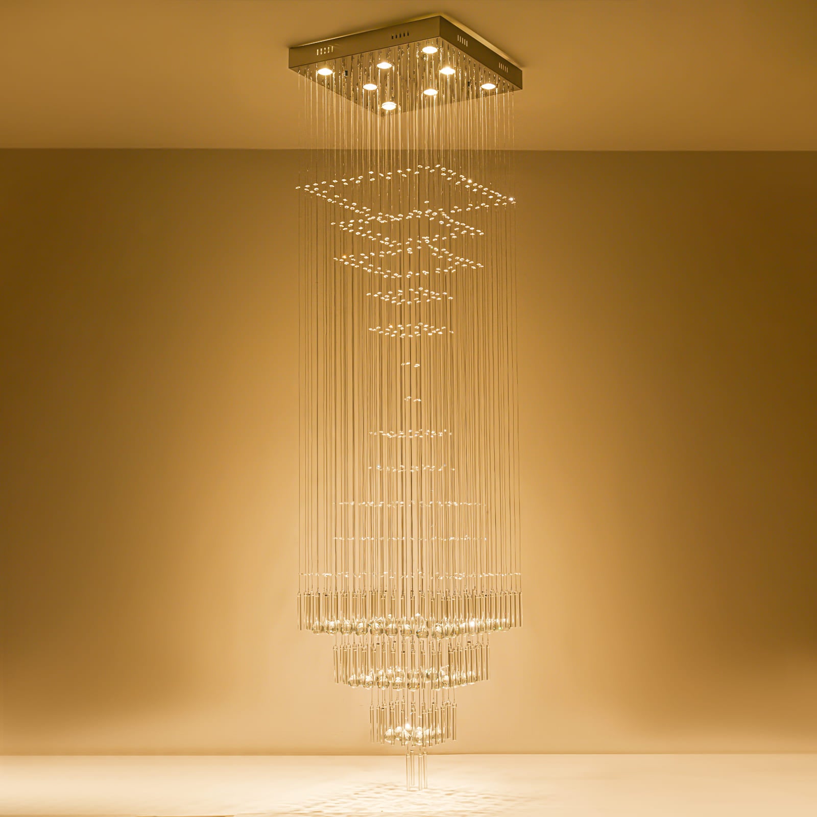 Glowlings 8-Light 98"H Modern Square Tiered Raindrop Crystal Foyer Chandelier For High Ceiling