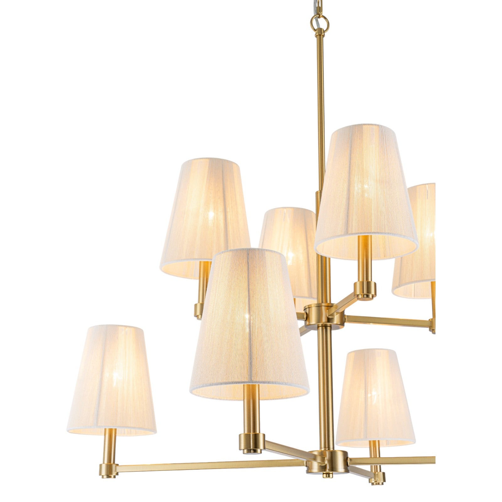 Glowlings 8-Light Transitional 33"Wide 2-Tied Brass Cone Bleached Natural Rope Chandelier