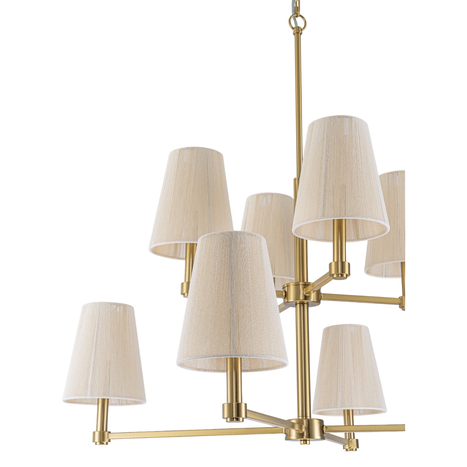 Glowlings 8-Light Transitional 33"Wide 2-Tied Brass Cone Bleached Natural Rope Chandelier