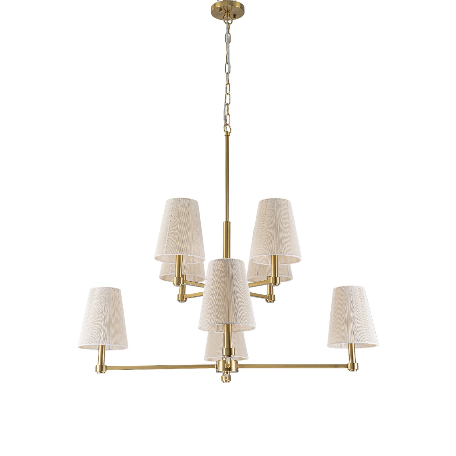 Glowlings 8-Light Transitional 33"Wide 2-Tied Brass Cone Bleached Natural Rope Chandelier
