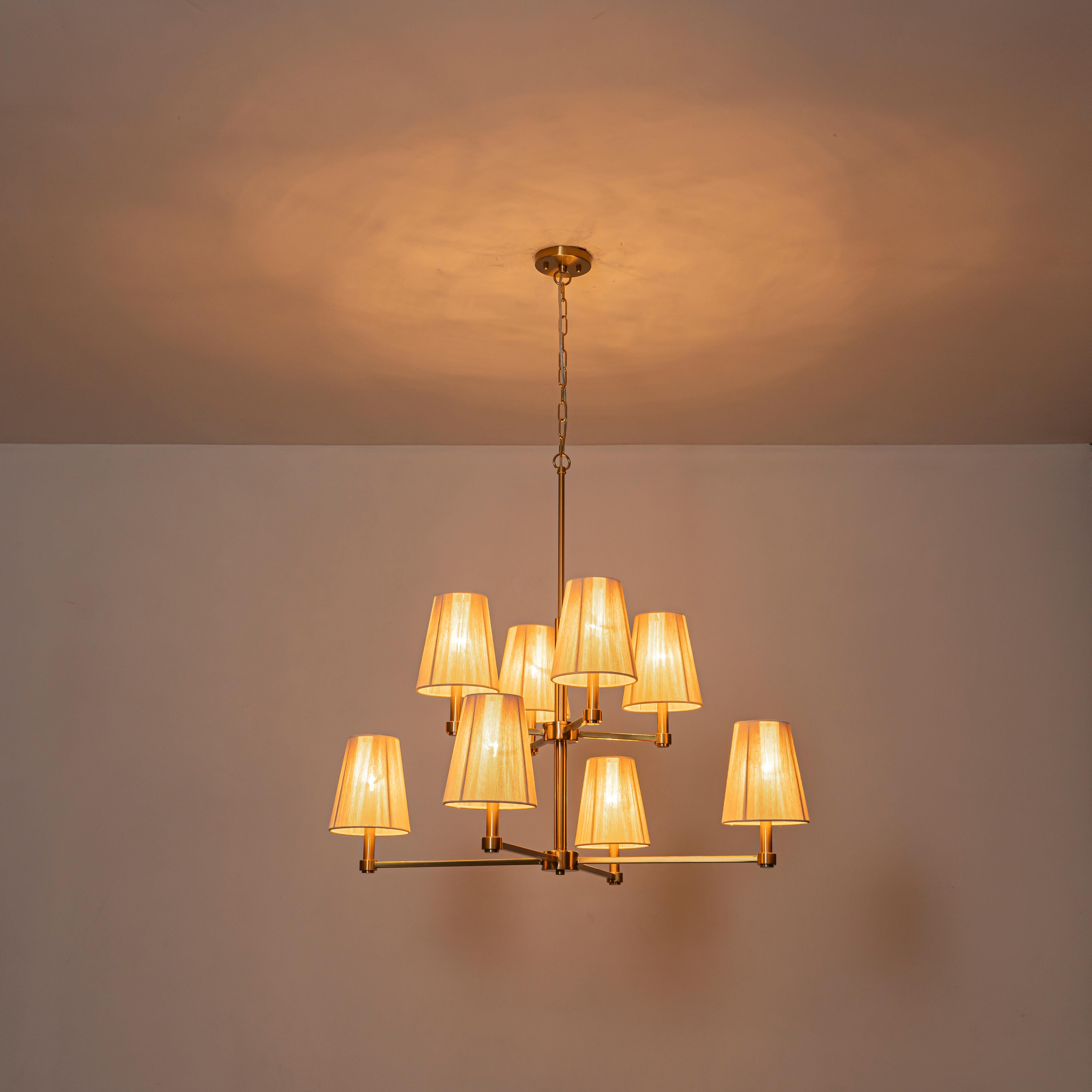 Glowlings 8-Light Transitional 33"Wide 2-Tied Brass Cone Bleached Natural Rope Chandelier