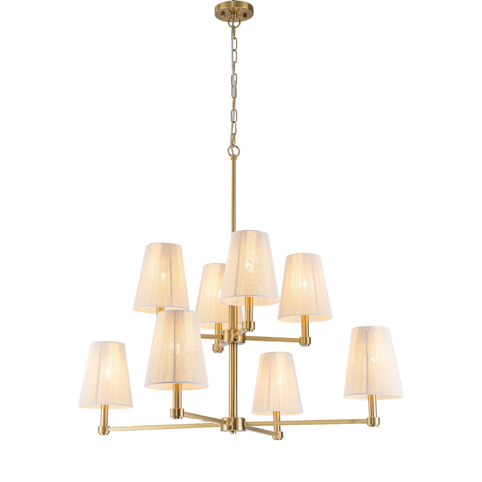 Glowlings 8-Light Transitional 33"Wide 2-Tied Brass Cone Bleached Natural Rope Chandelier