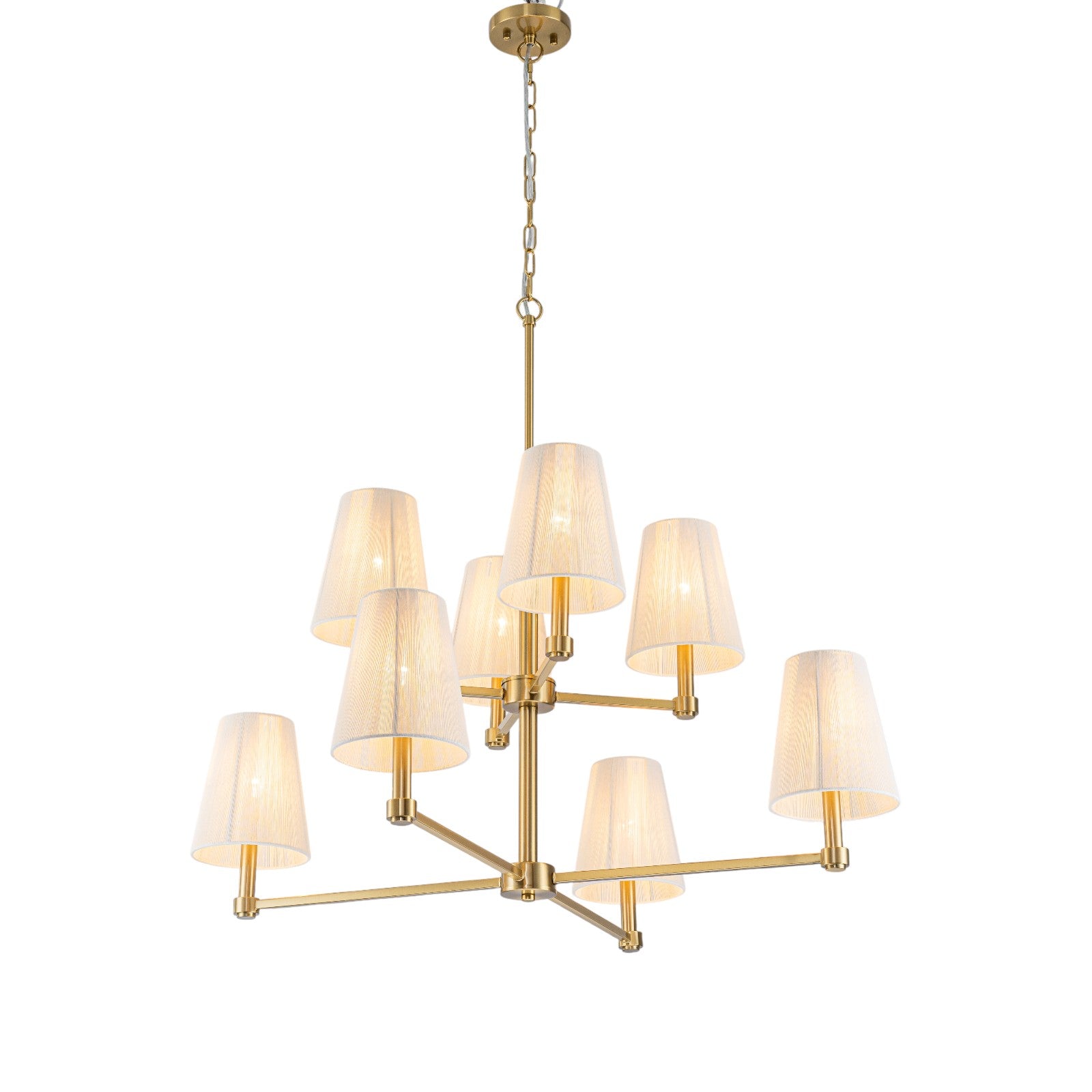 Glowlings 8-Light Transitional 33"Wide 2-Tied Brass Cone Bleached Natural Rope Chandelier