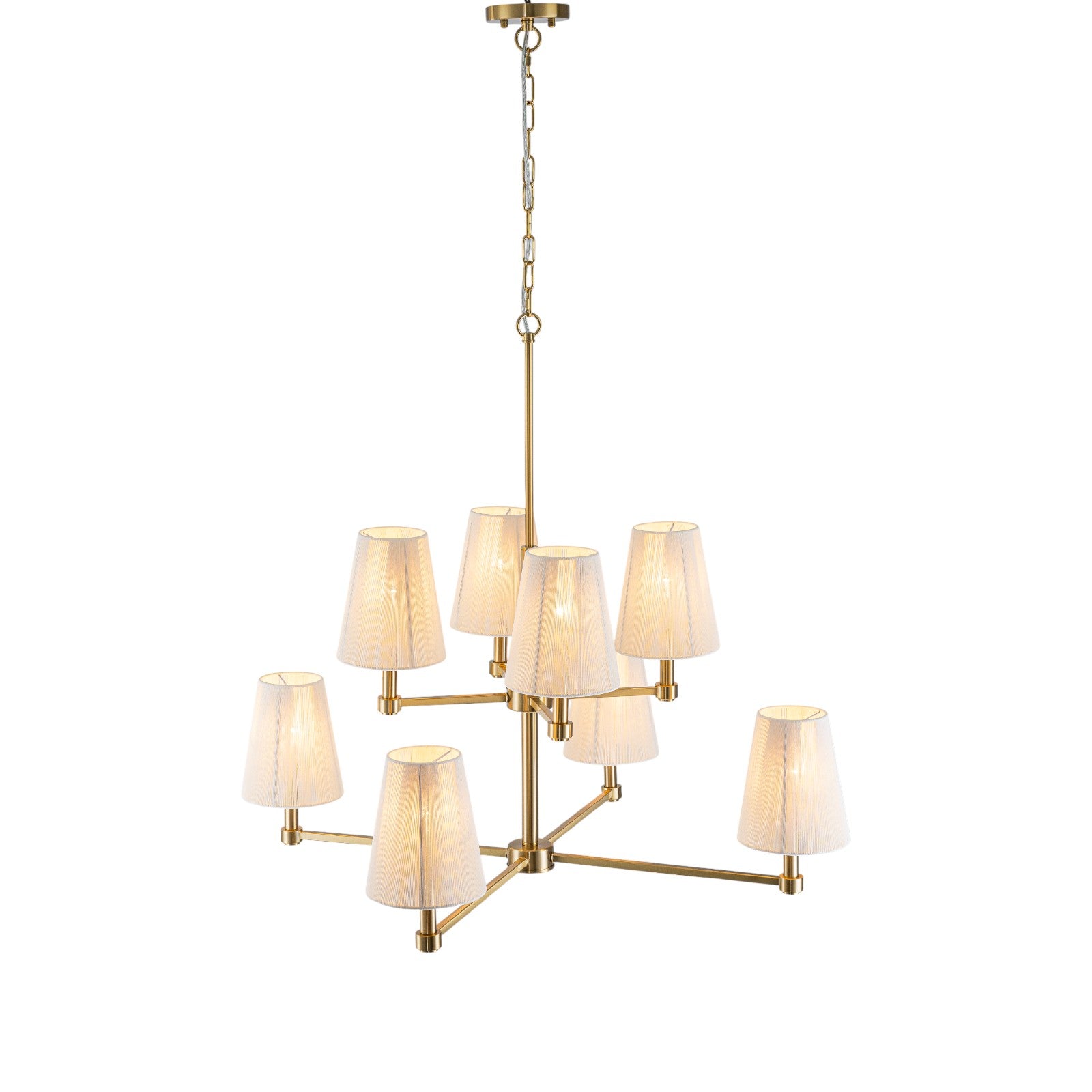Glowlings 8-Light Transitional 33"Wide 2-Tied Brass Cone Bleached Natural Rope Chandelier