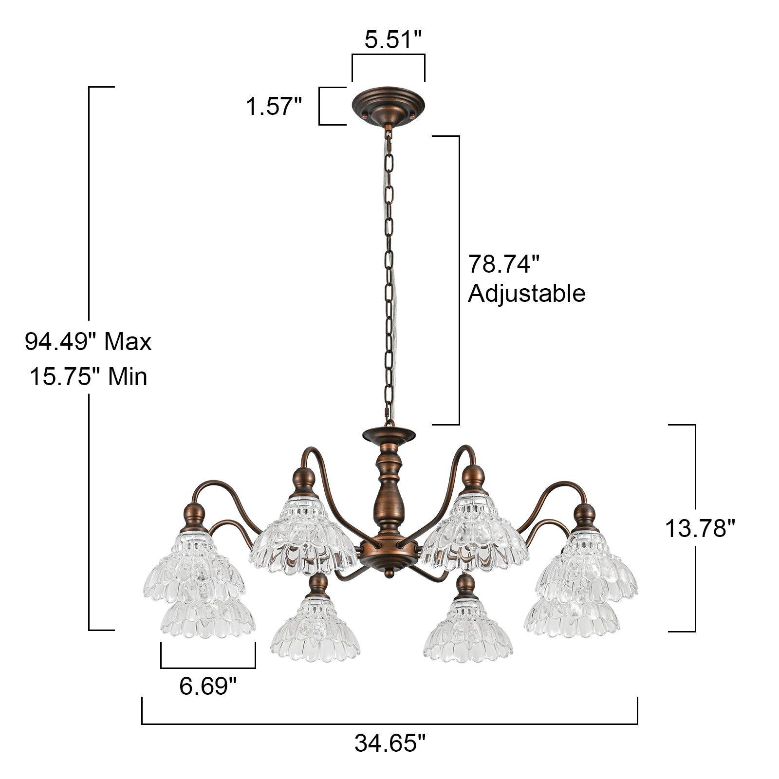 Glowlings 8-Light Vintage 35"Wide Large Bronze Flower Shaped Clear Glass Chandelier