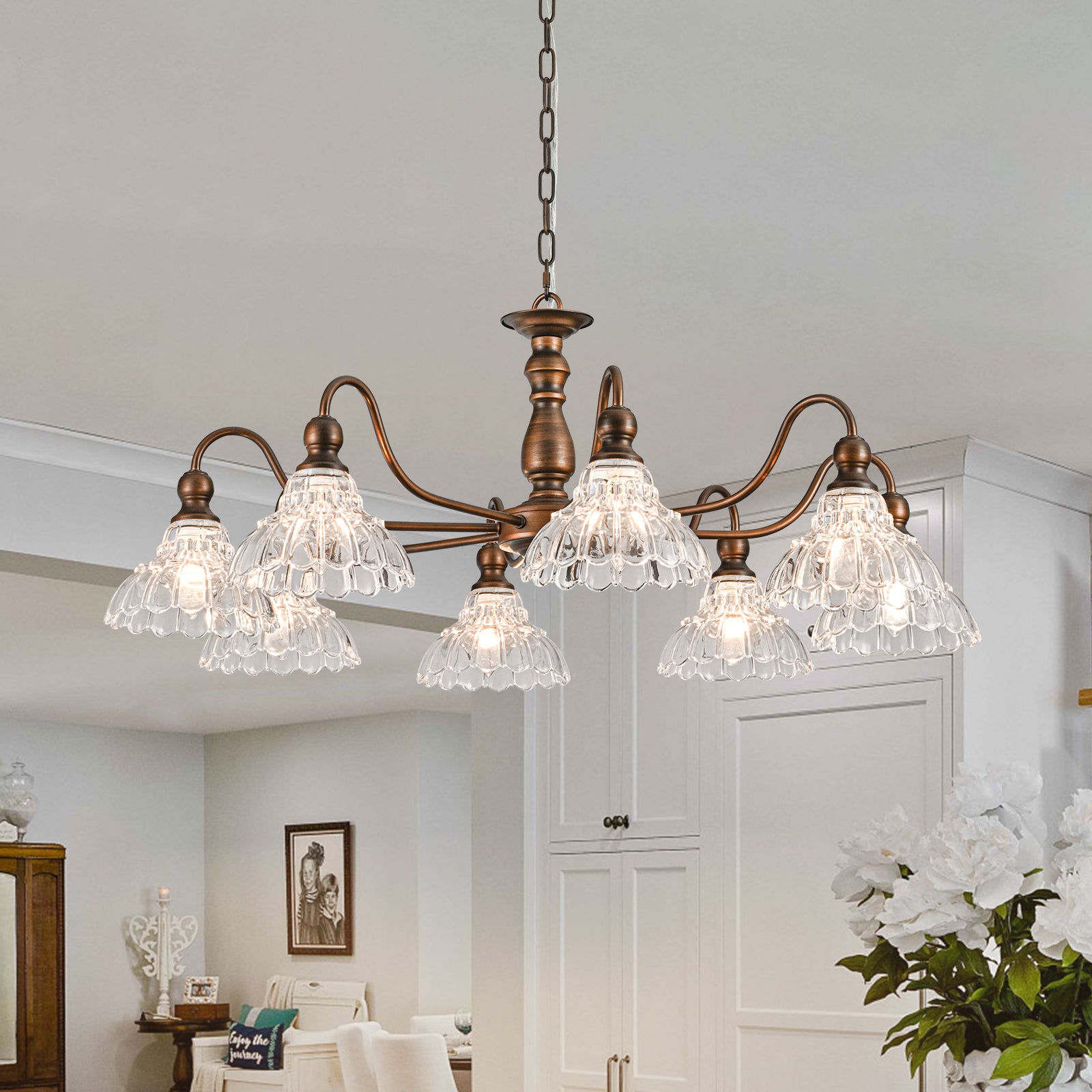 Glowlings 8-Light Vintage 35"Wide Large Bronze Flower Shaped Clear Glass Chandelier