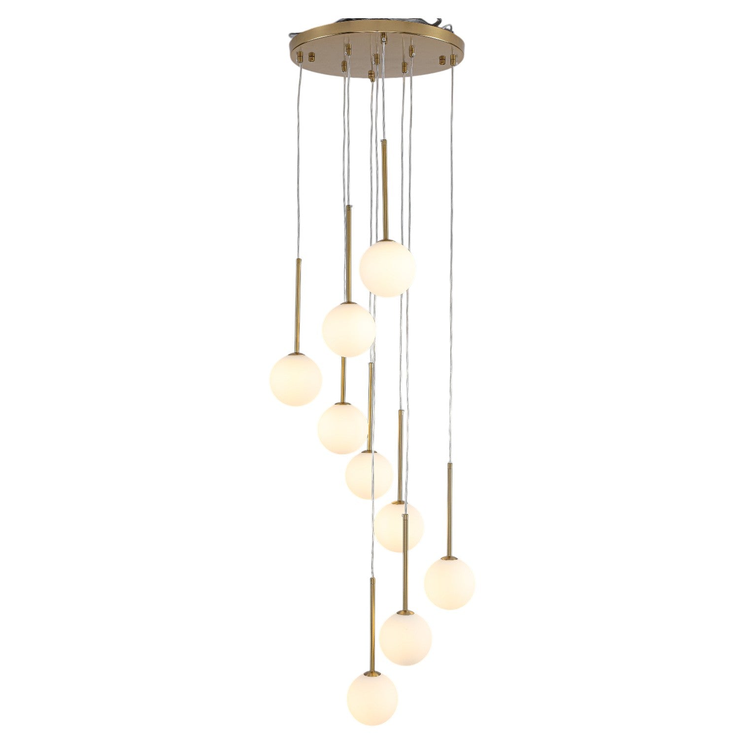 Glowlings Modern 9-Light Brushed Brass Staircase Cluster Chandelier Pendant Lighting with Globe Opal Glass Shades