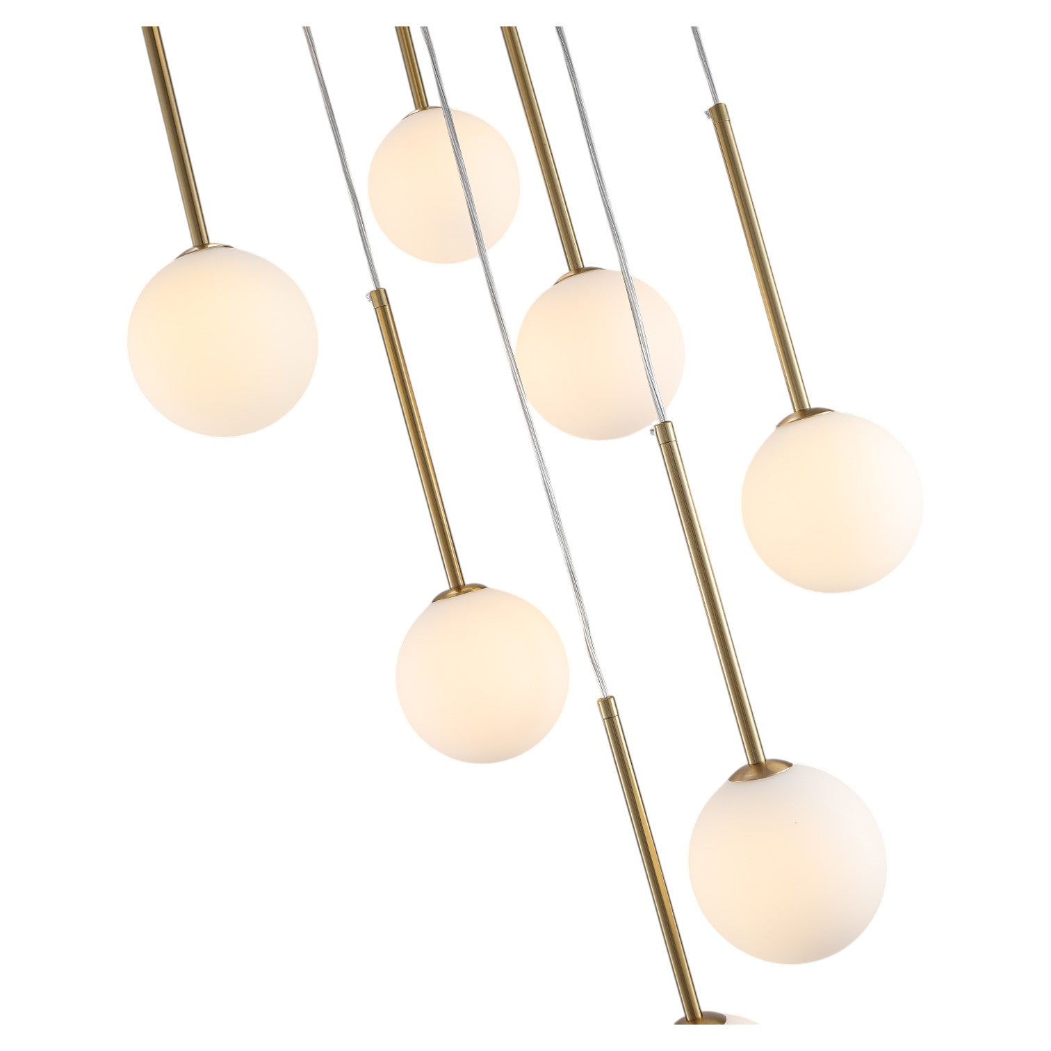 Glowlings Modern 9-Light Brushed Brass Staircase Cluster Chandelier Pendant Lighting with Globe Opal Glass Shades