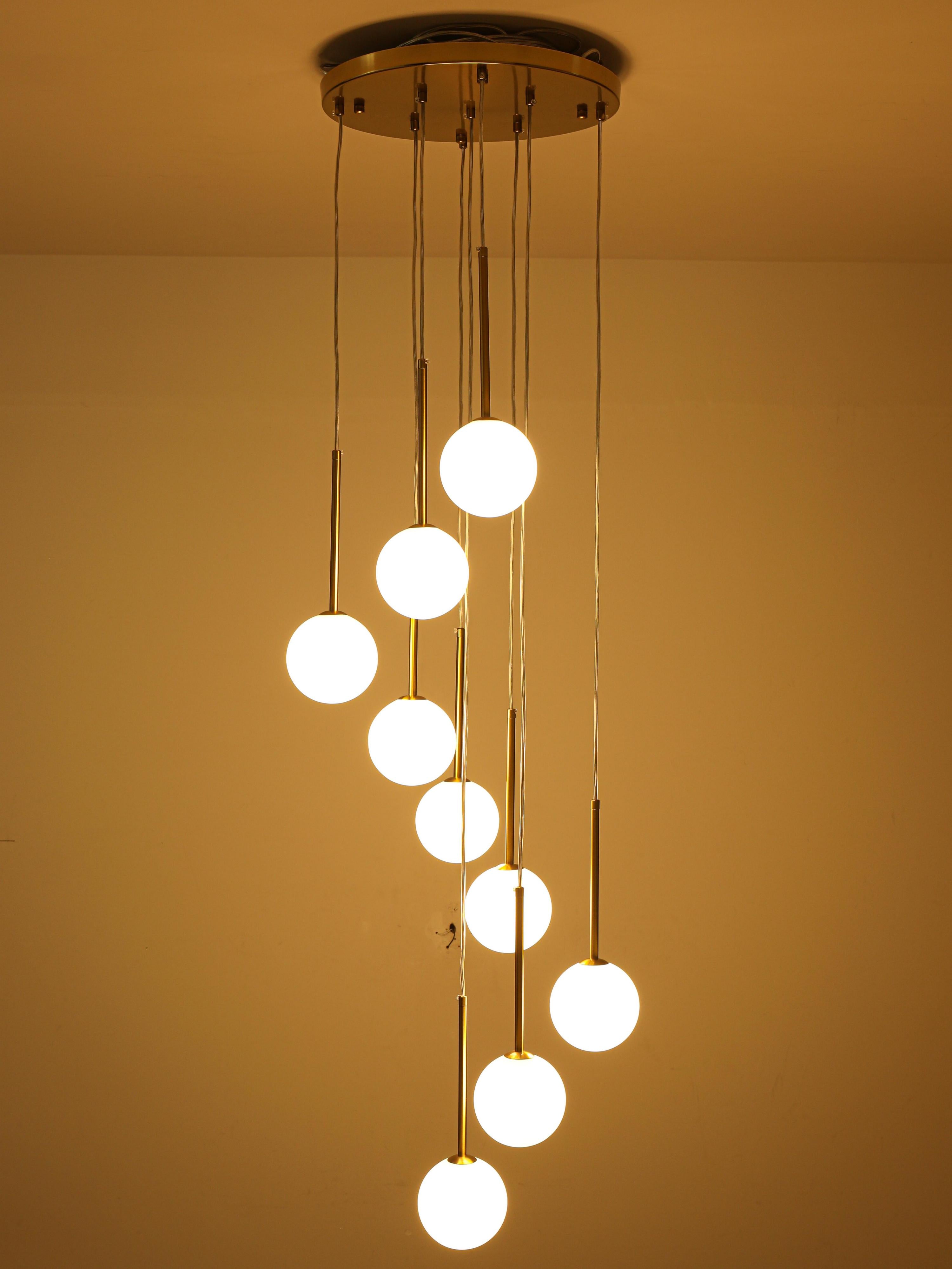 Glowlings Modern 9-Light Brushed Brass Staircase Cluster Chandelier Pendant Lighting with Globe Opal Glass Shades