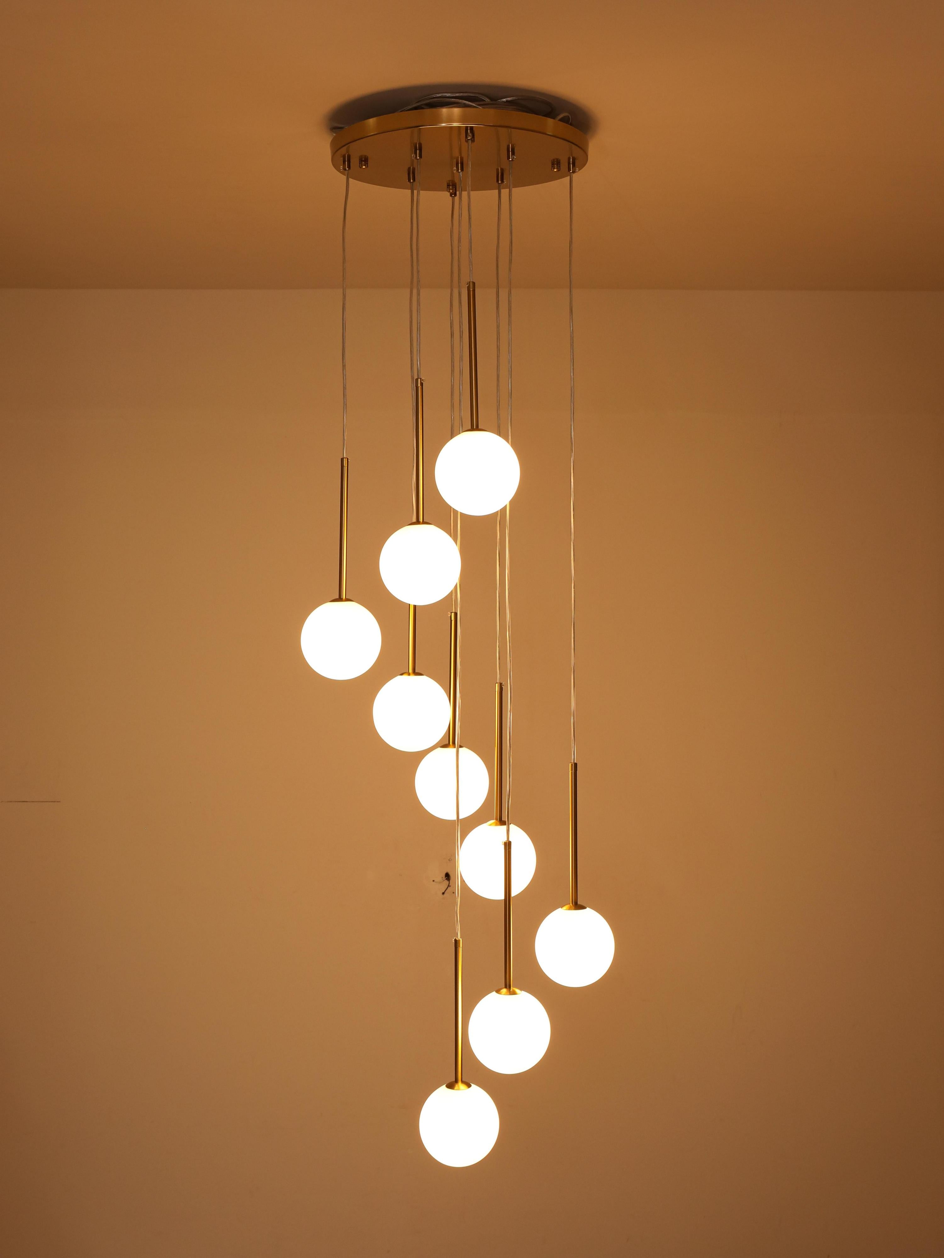 Glowlings Modern 9-Light Brushed Brass Staircase Cluster Chandelier Pendant Lighting with Globe Opal Glass Shades