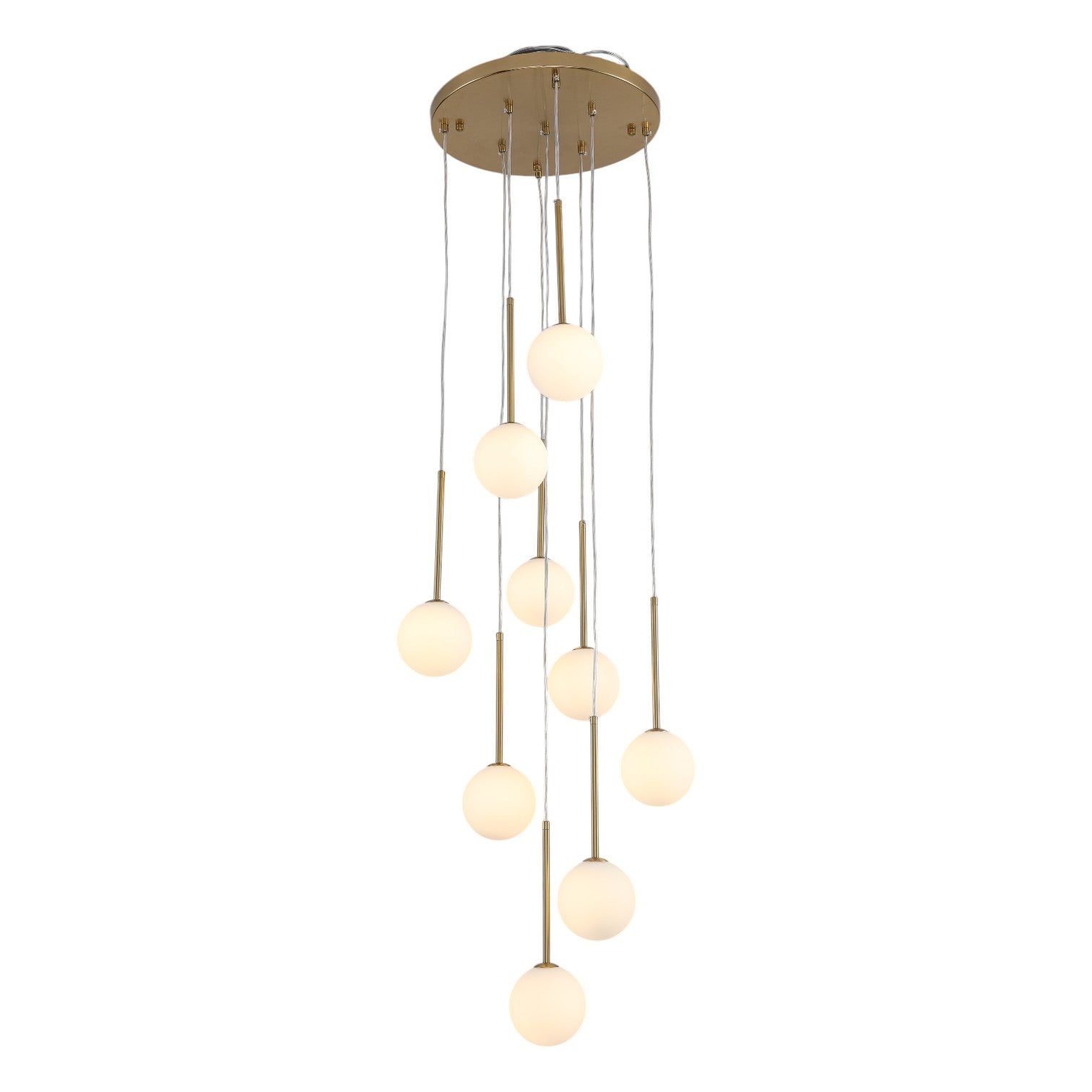 Glowlings Modern 9-Light Brushed Brass Staircase Cluster Chandelier Pendant Lighting with Globe Opal Glass Shades