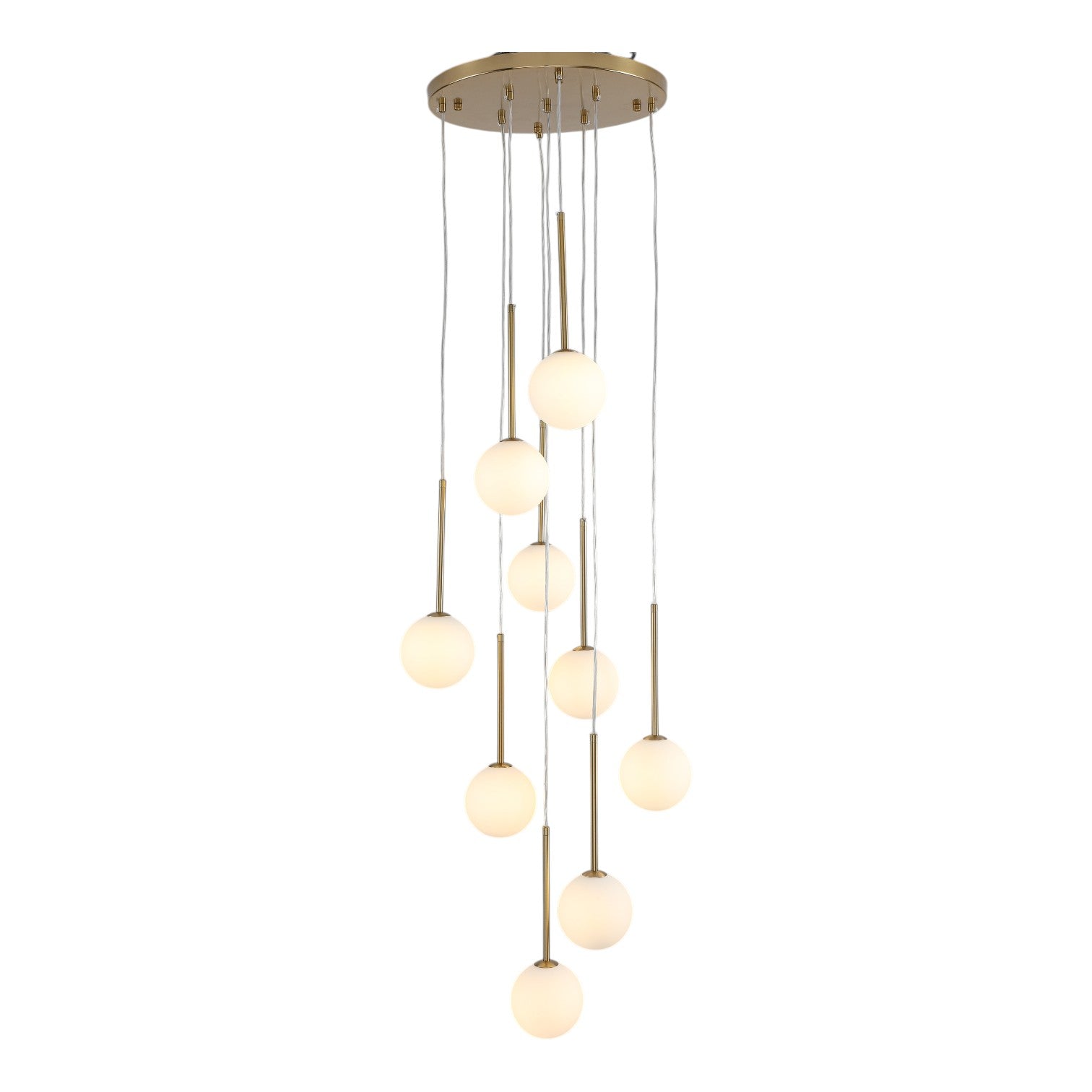 Glowlings Modern 9-Light Brushed Brass Staircase Cluster Chandelier Pendant Lighting with Globe Opal Glass Shades