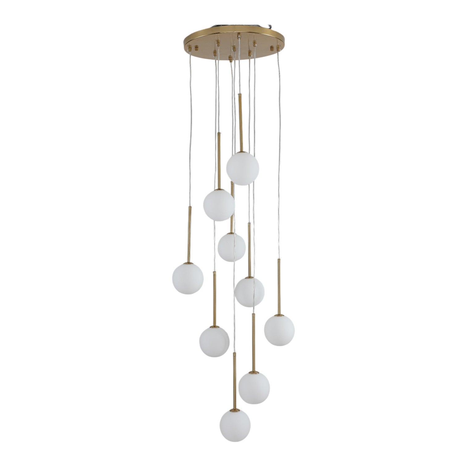 Glowlings Modern 9-Light Brushed Brass Staircase Cluster Chandelier Pendant Lighting with Globe Opal Glass Shades