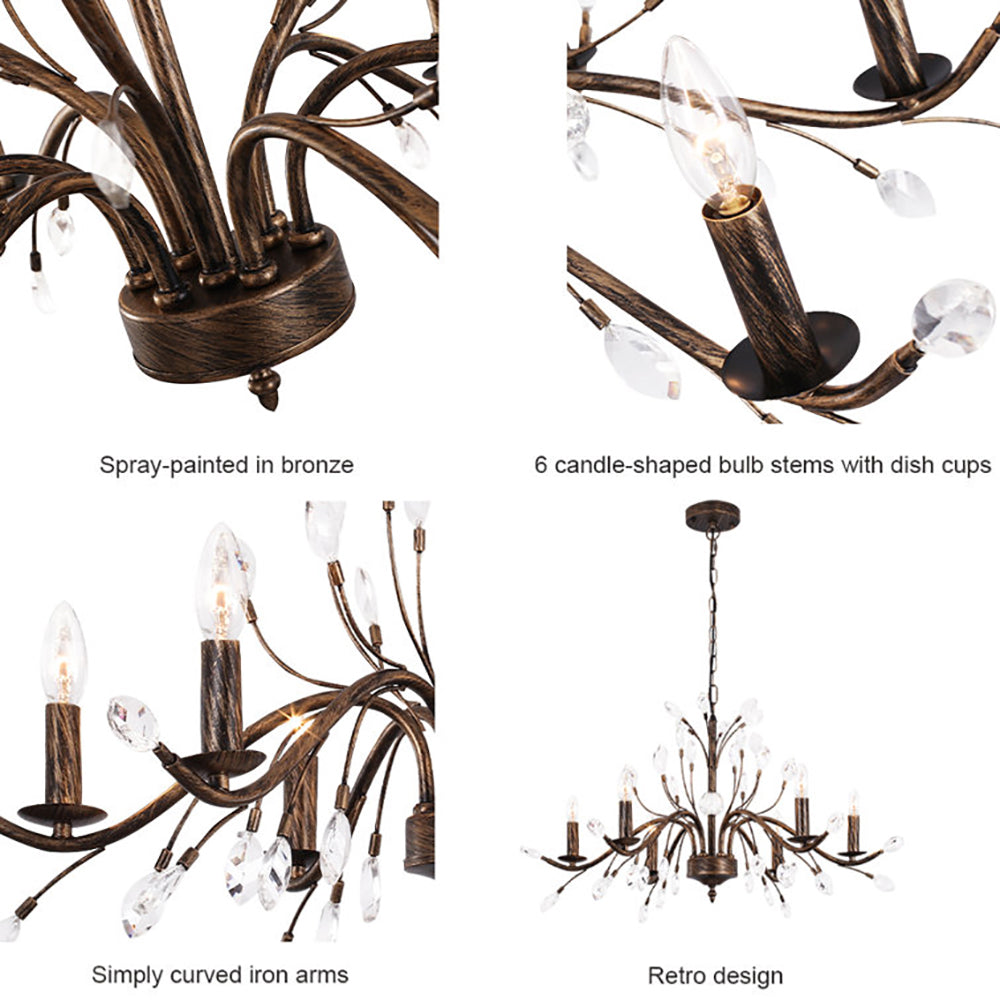 Glowlings 9-Light Vintage Bronze Branch Candle Style Crystal Chandelier