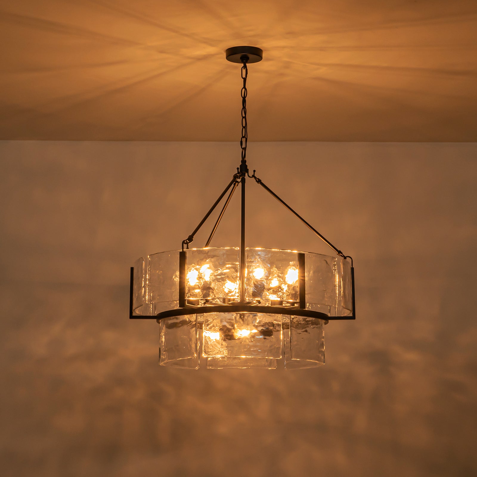 Glowlings 9-Light Modern 28"Wide 2-Tier Black Round Handcrafted Water Ripple Clear Glass Chandelier