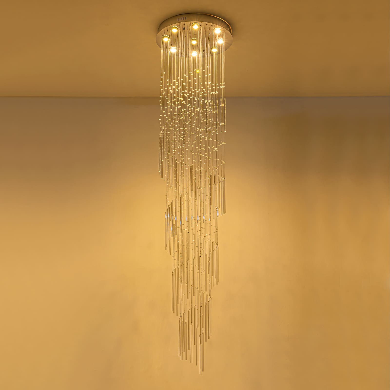 Glowlings 9-Light 98"H Modern Chrome Spiral Glass Crystal Foyer Chandelier For High Ceiling